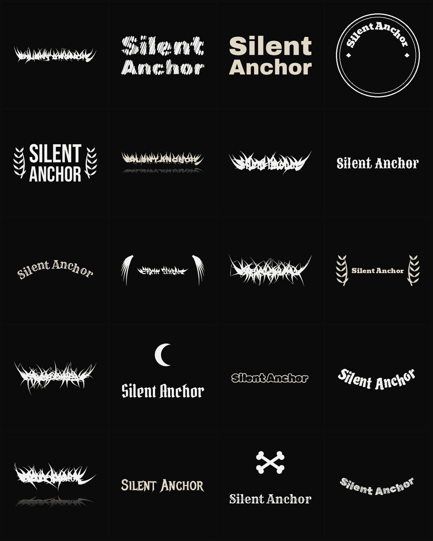 Twenty Silent Anchor band logo ideas — different faces, treatments and spike settings