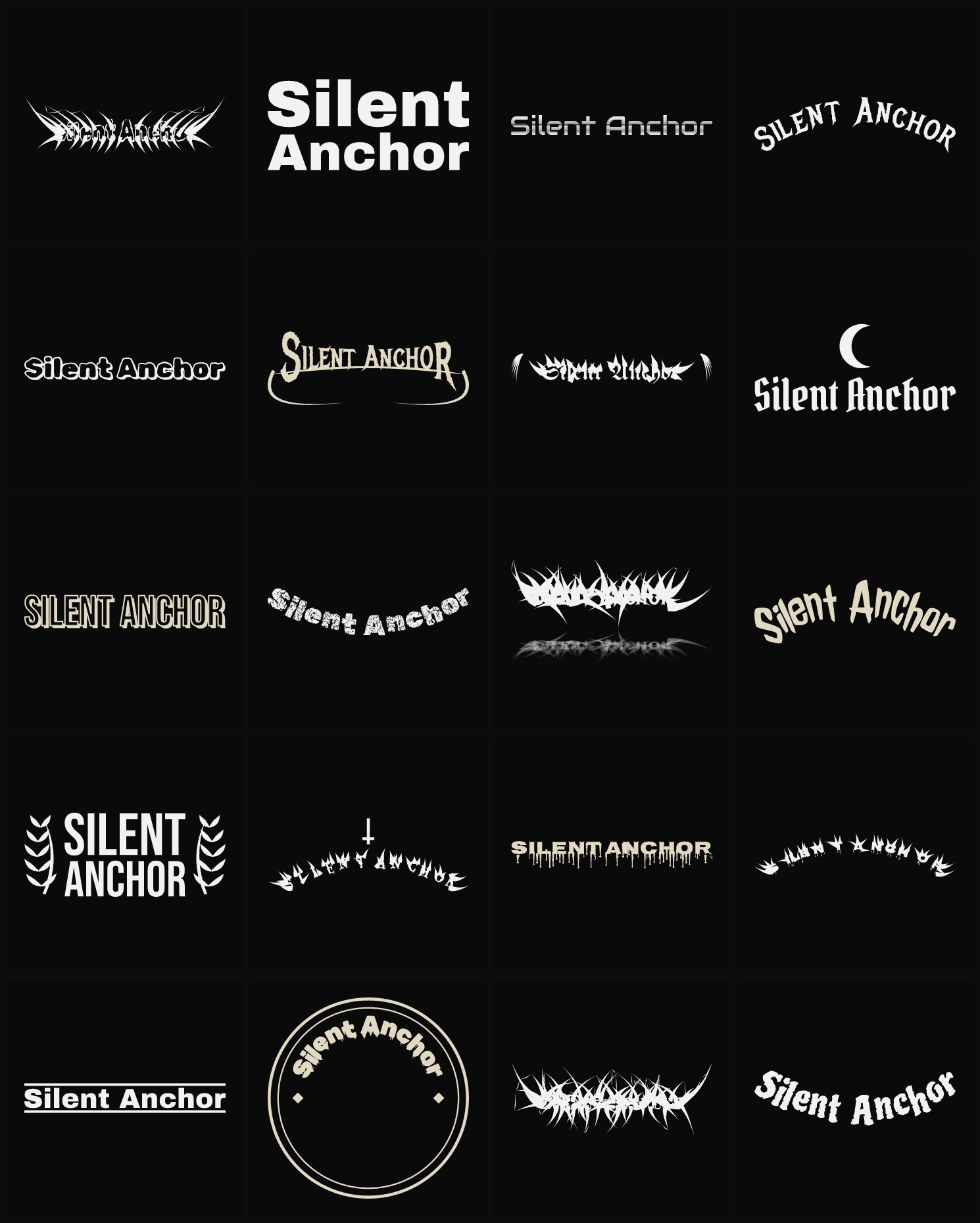 Twenty Silent Anchor band logo ideas — different faces, treatments and spike settings