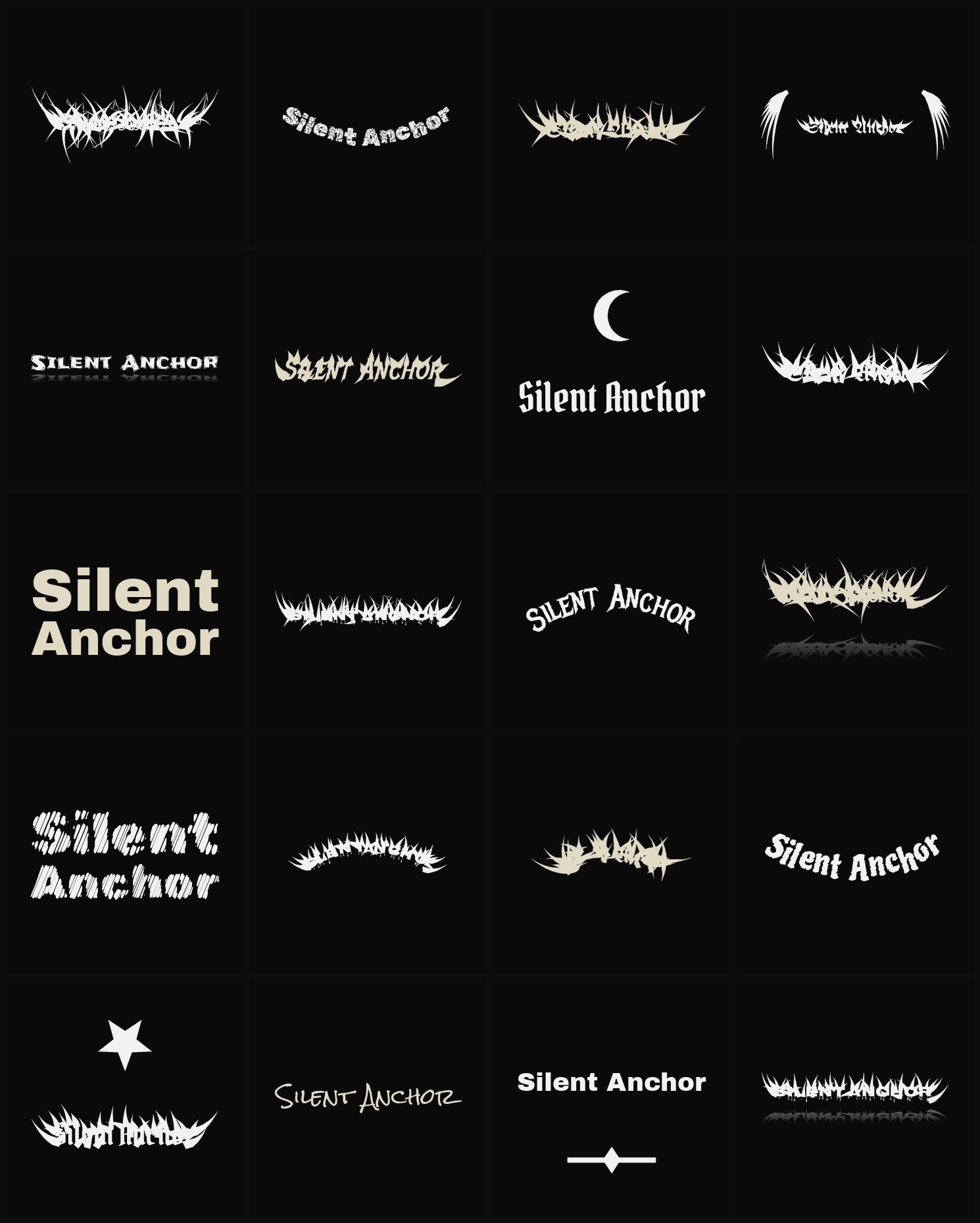 Twenty Silent Anchor band logo ideas — different faces, treatments and spike settings