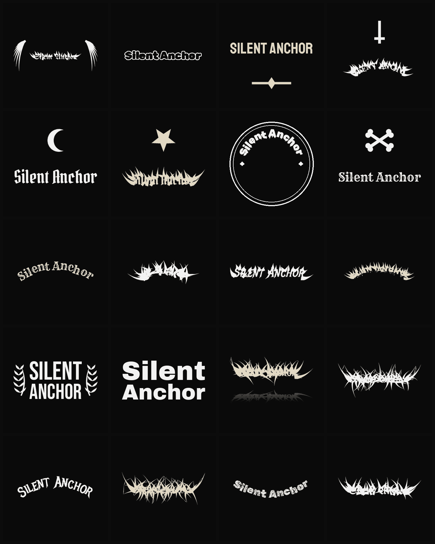 Twenty Silent Anchor band logo ideas — different faces, treatments and spike settings