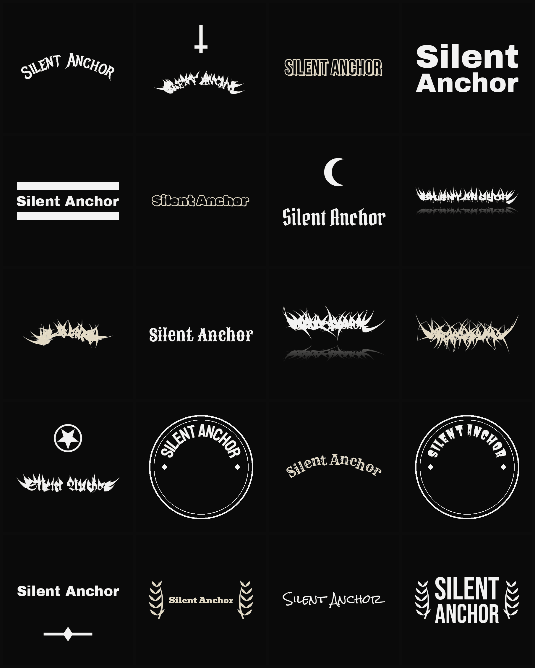 Twenty Silent Anchor band logo ideas — different faces, treatments and spike settings