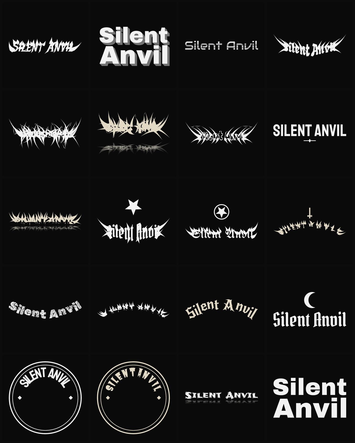 Twenty Silent Anvil band logo ideas — different faces, treatments and spike settings