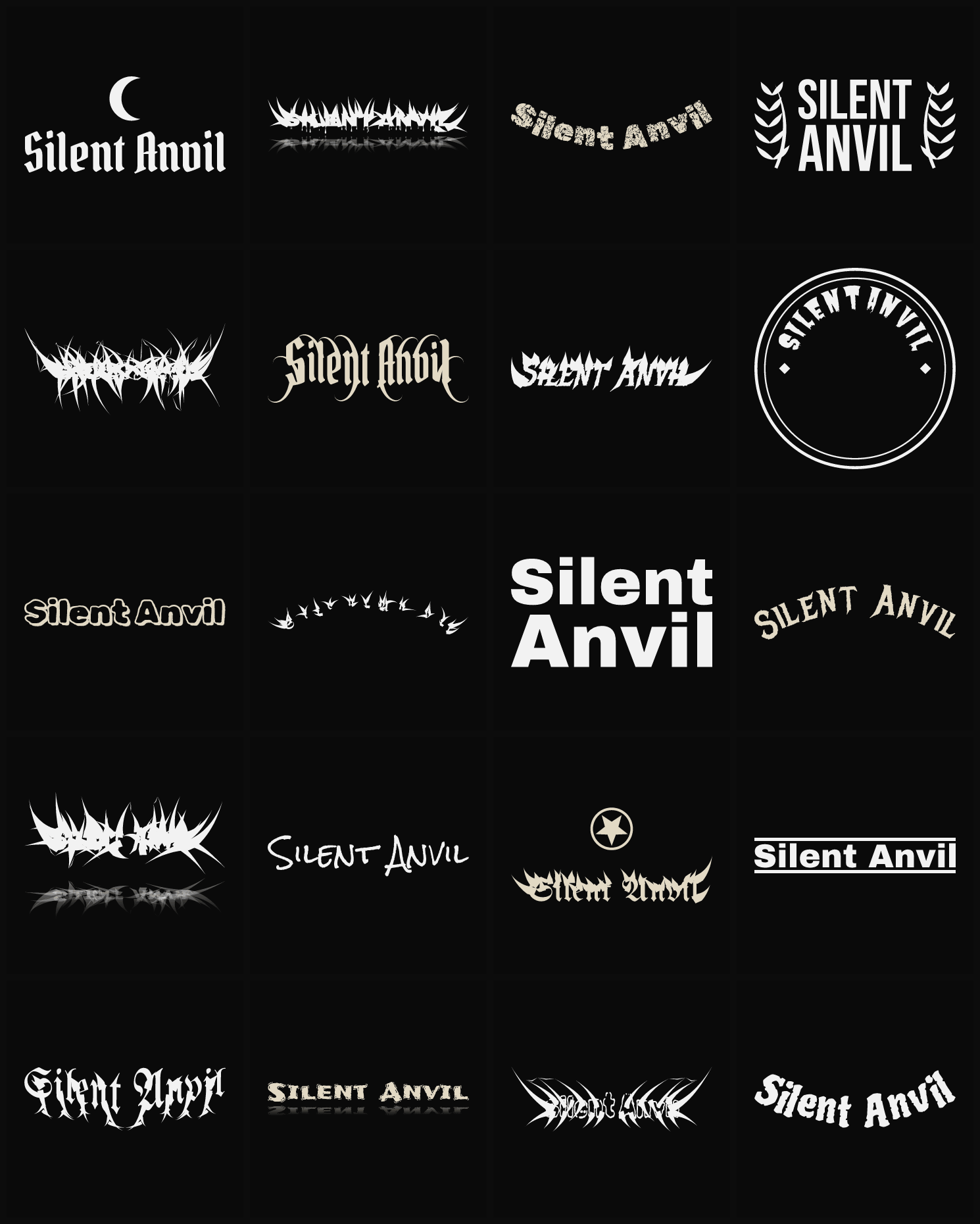 Twenty Silent Anvil band logo ideas — different faces, treatments and spike settings