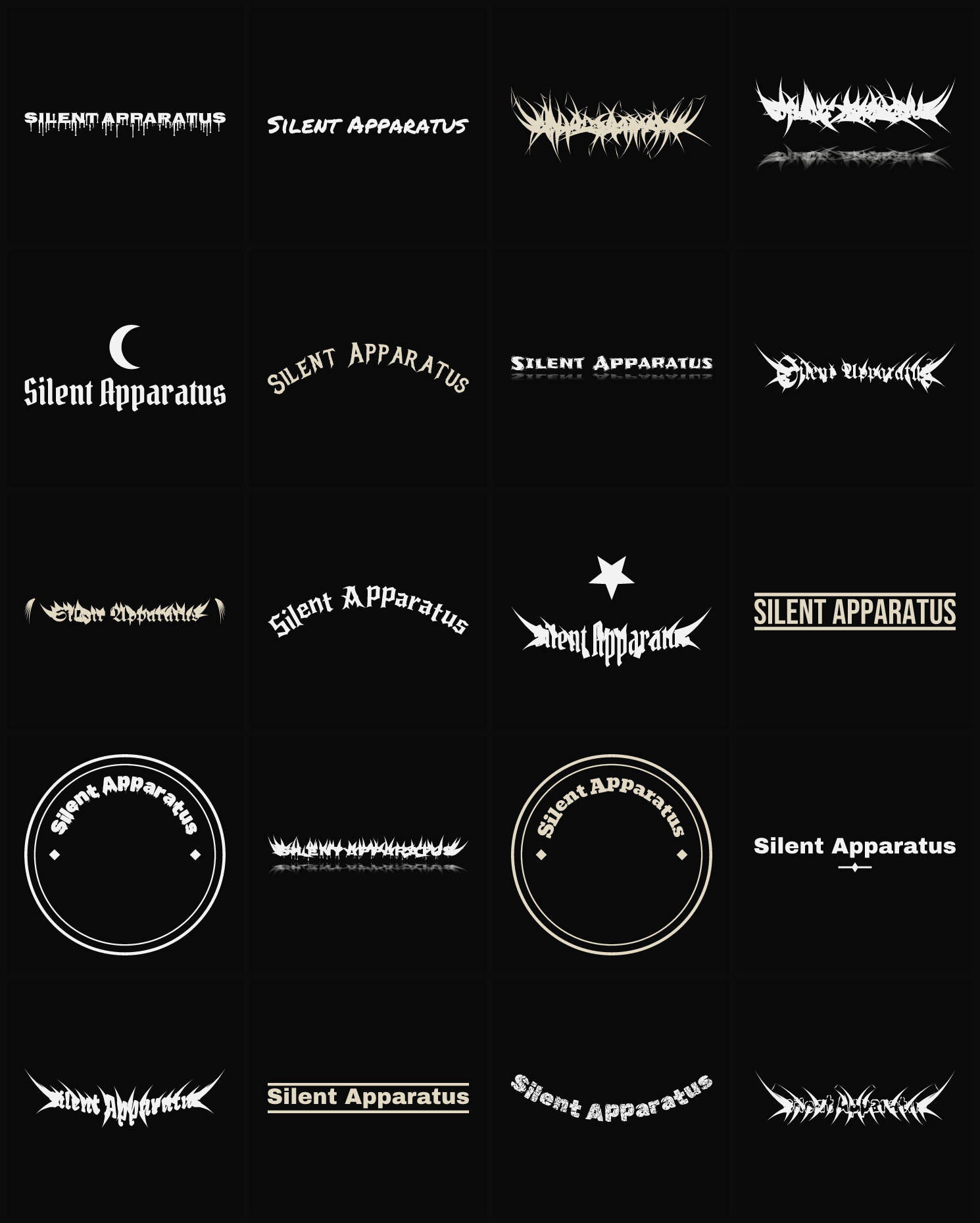 Twenty Silent Apparatus band logo ideas — different faces, treatments and spike settings
