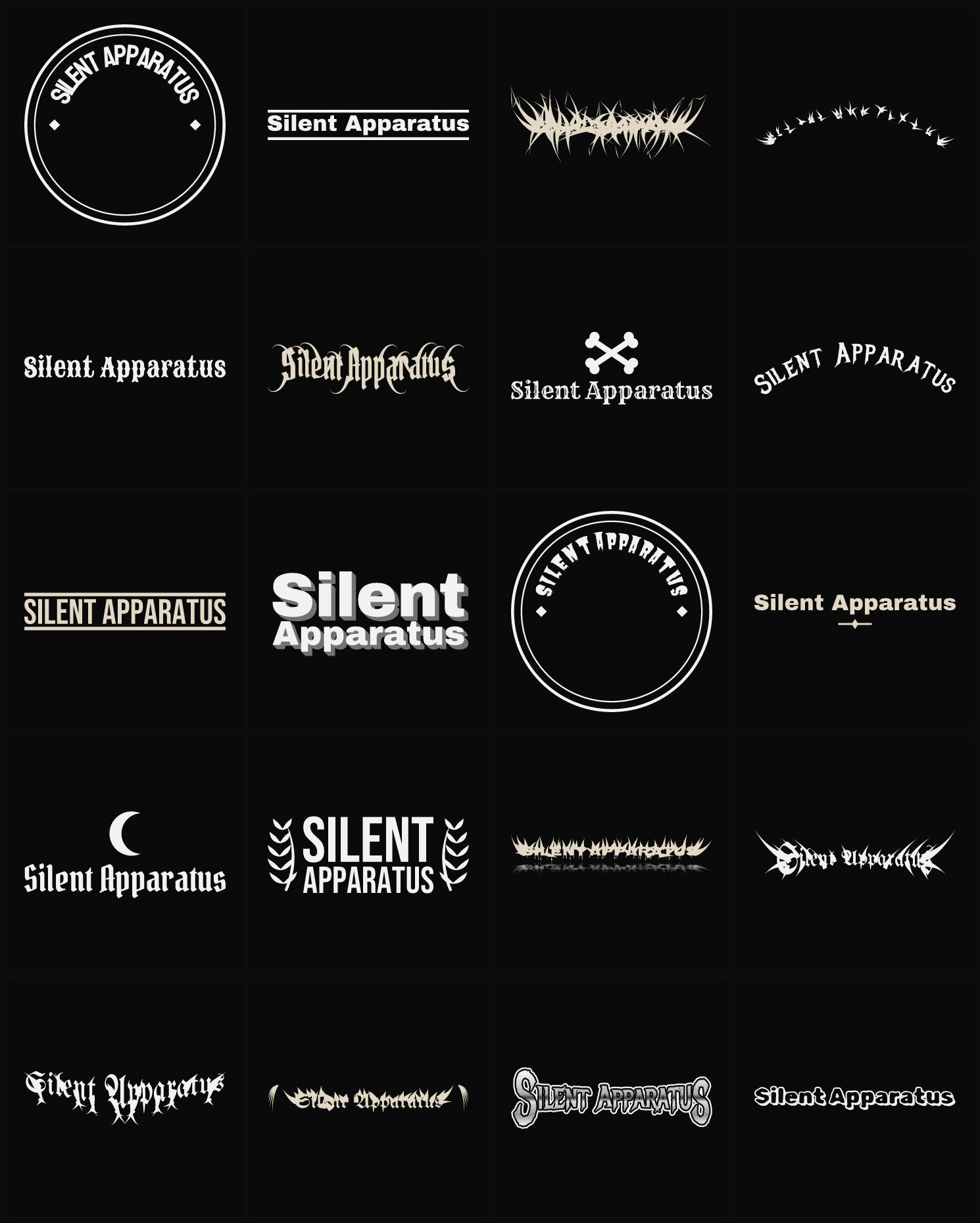 Twenty Silent Apparatus band logo ideas — different faces, treatments and spike settings