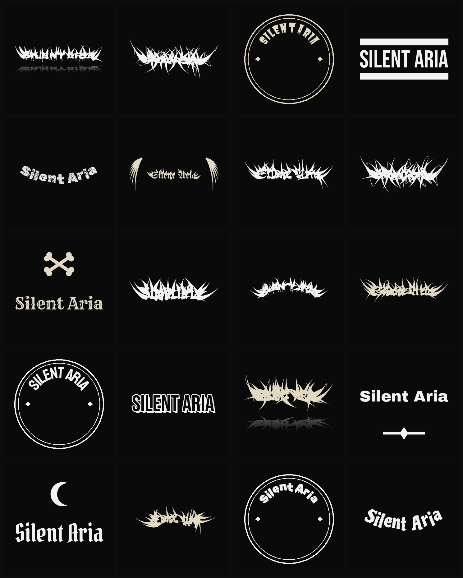 Twenty Silent Aria band logo ideas — different faces, treatments and spike settings