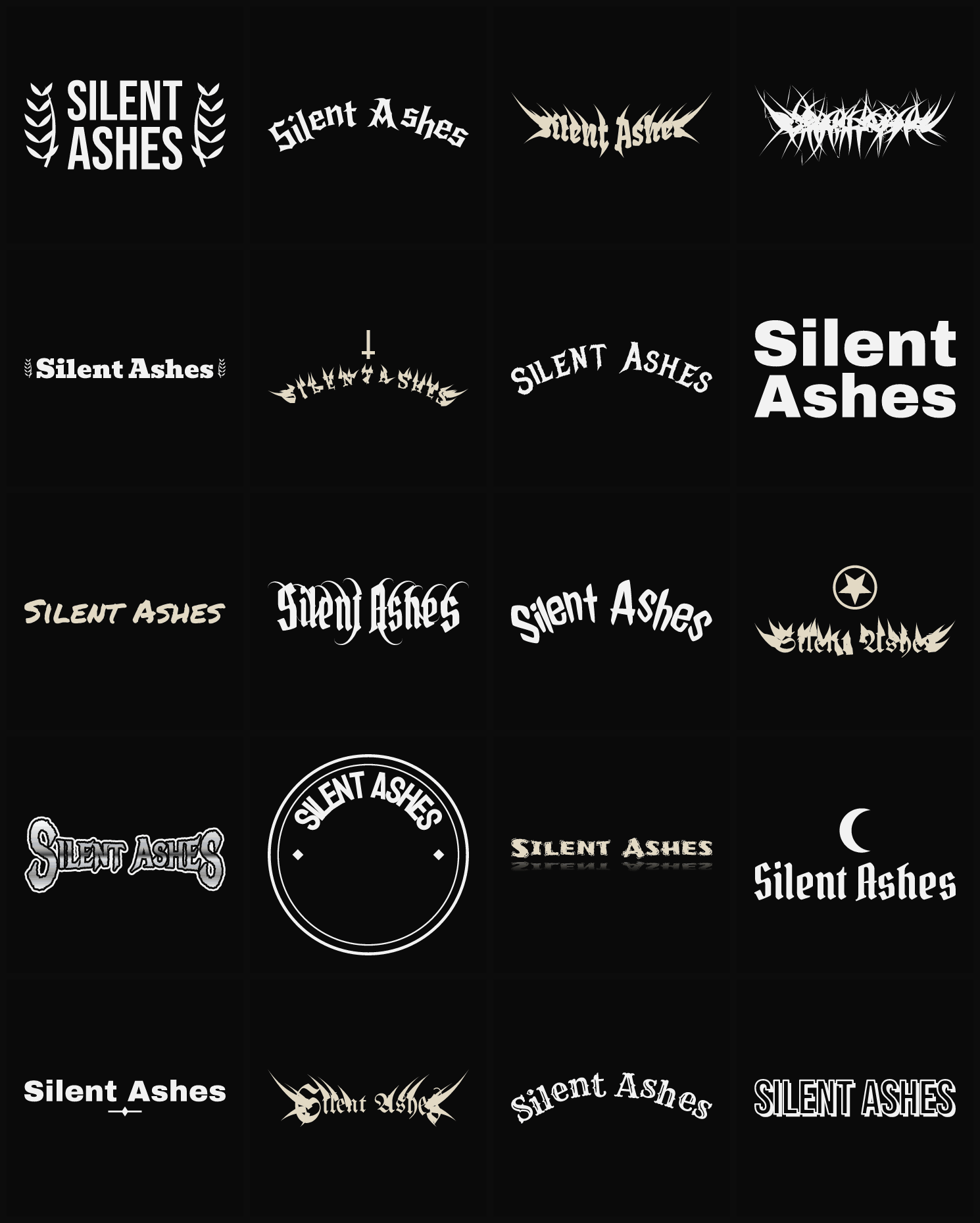 Twenty Silent Ashes band logo ideas — different faces, treatments and spike settings