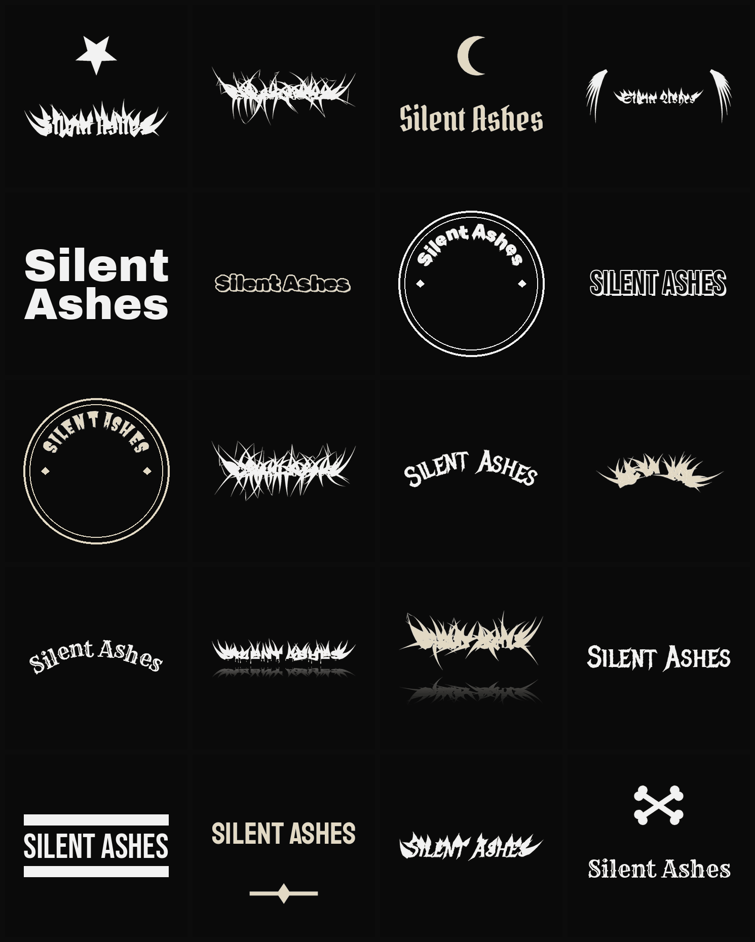 Twenty Silent Ashes band logo ideas — different faces, treatments and spike settings