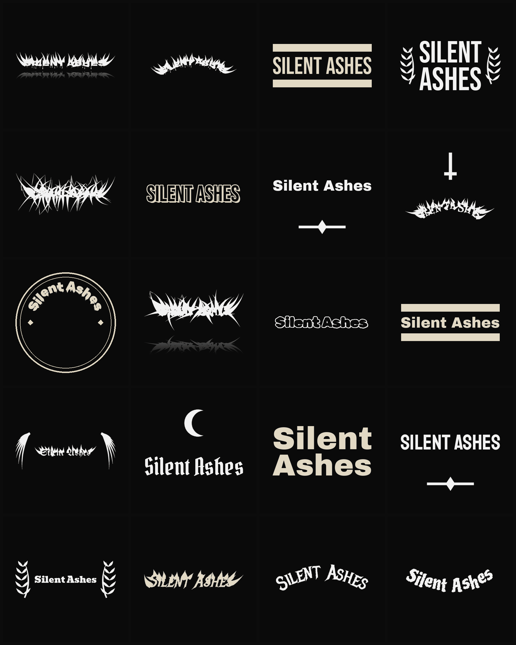 Twenty Silent Ashes band logo ideas — different faces, treatments and spike settings