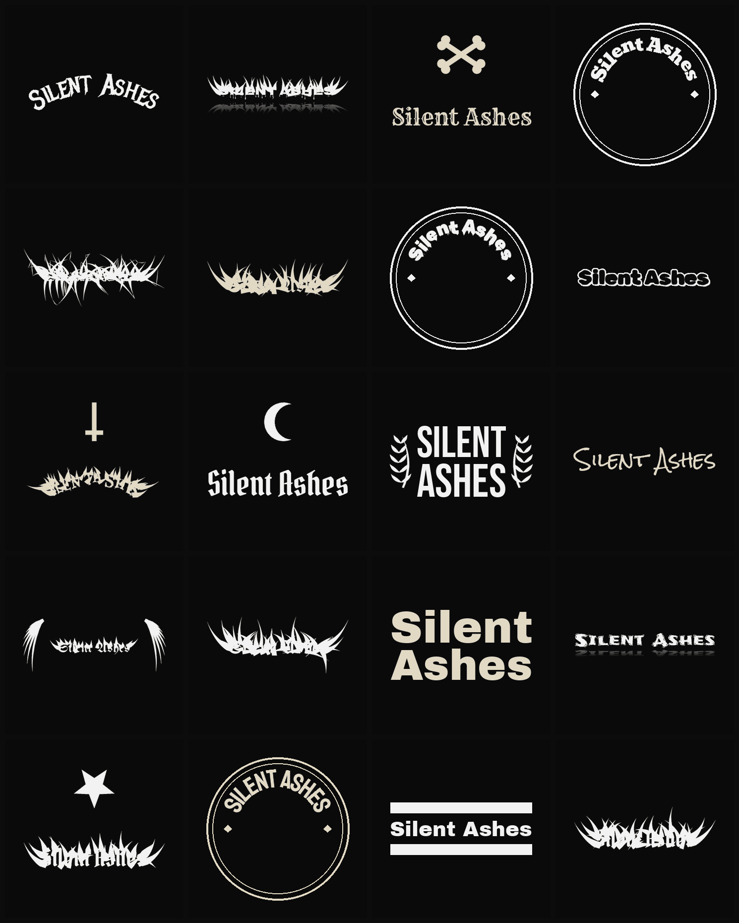 Twenty Silent Ashes band logo ideas — different faces, treatments and spike settings
