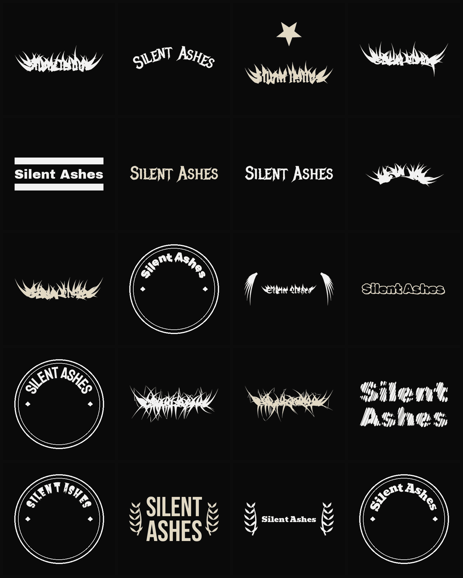 Twenty Silent Ashes band logo ideas — different faces, treatments and spike settings