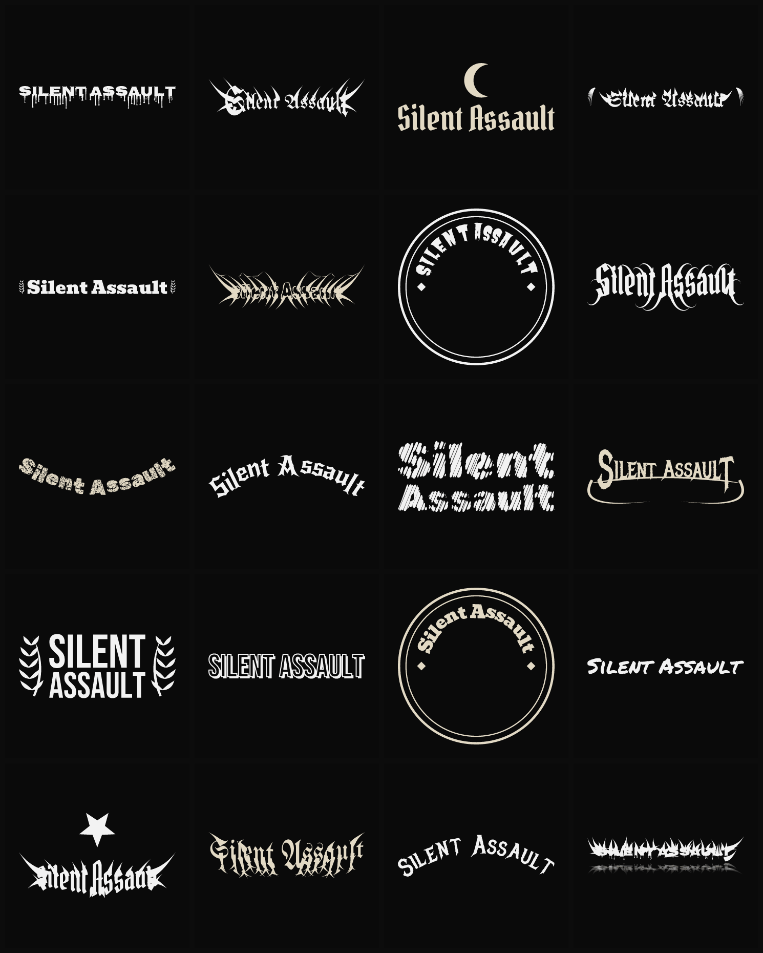 Twenty Silent Assault band logo ideas — different faces, treatments and spike settings
