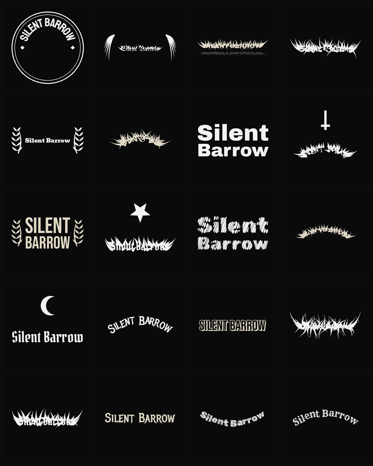 Twenty Silent Barrow band logo ideas — different faces, treatments and spike settings