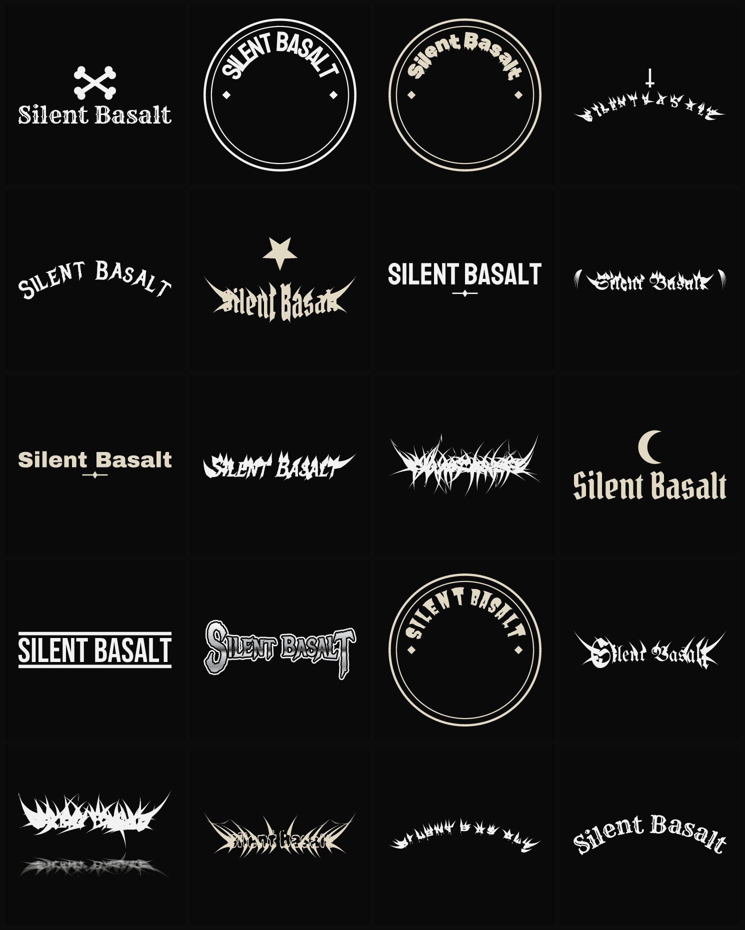 Twenty Silent Basalt band logo ideas — different faces, treatments and spike settings