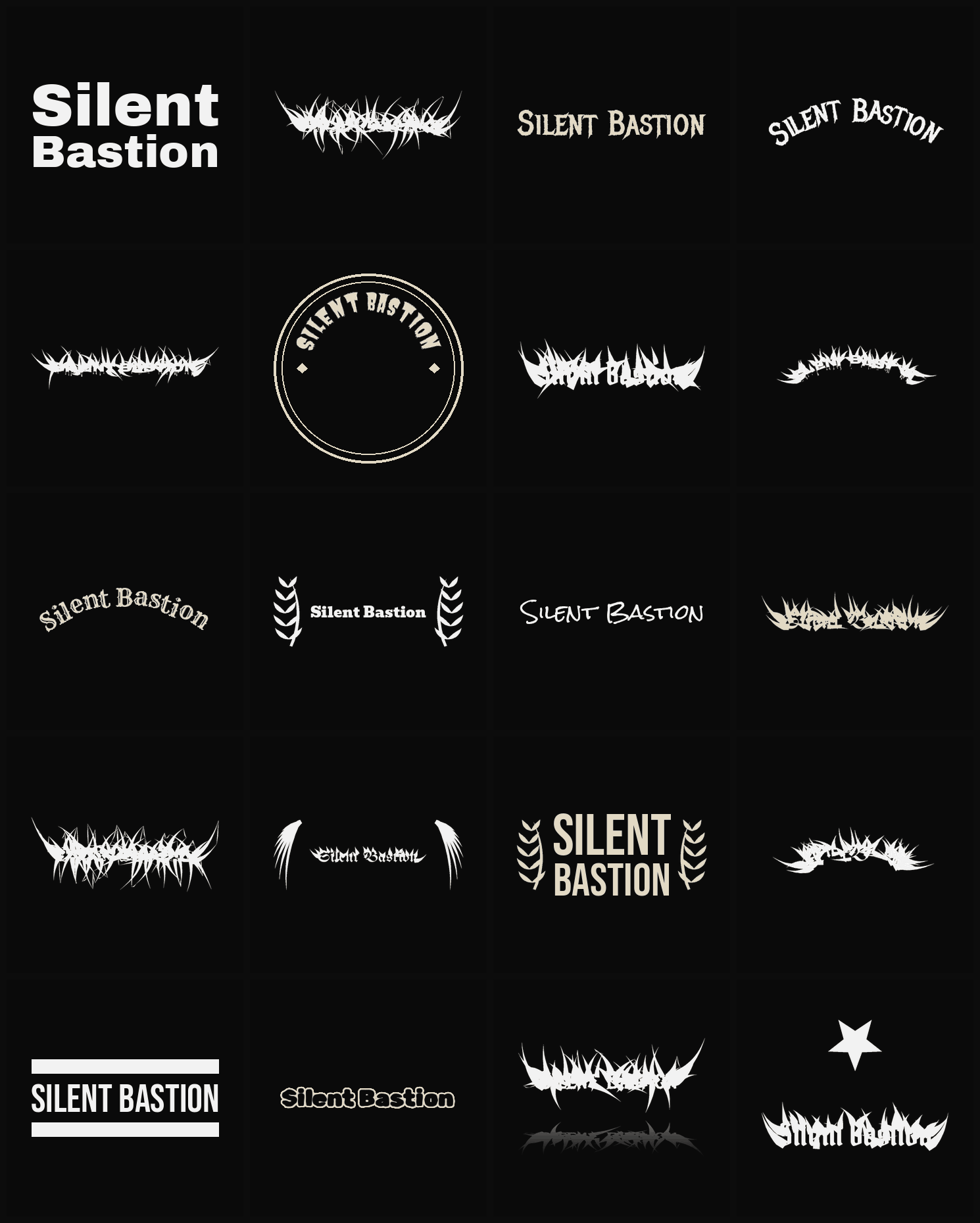 Twenty Silent Bastion band logo ideas — different faces, treatments and spike settings