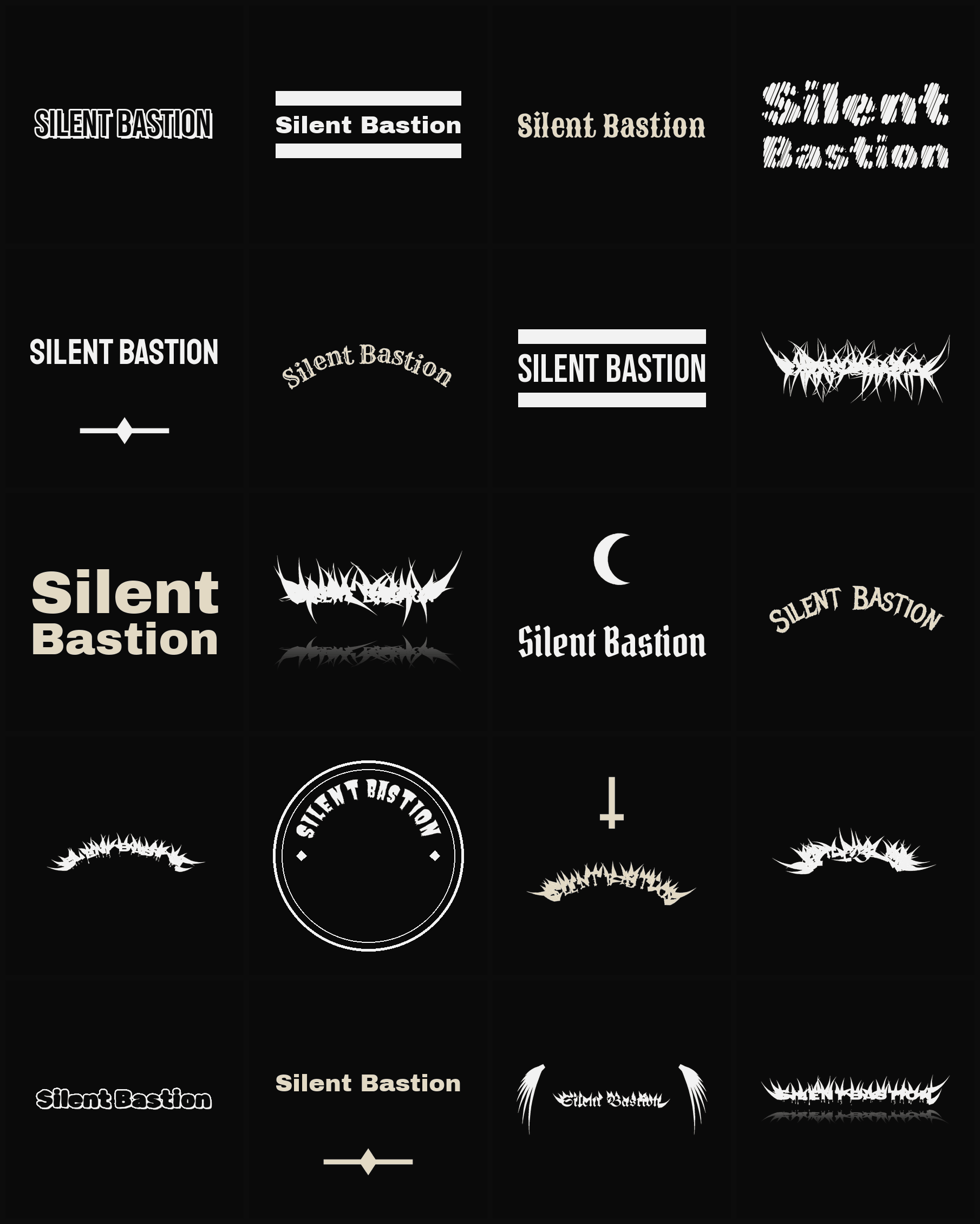 Twenty Silent Bastion band logo ideas — different faces, treatments and spike settings