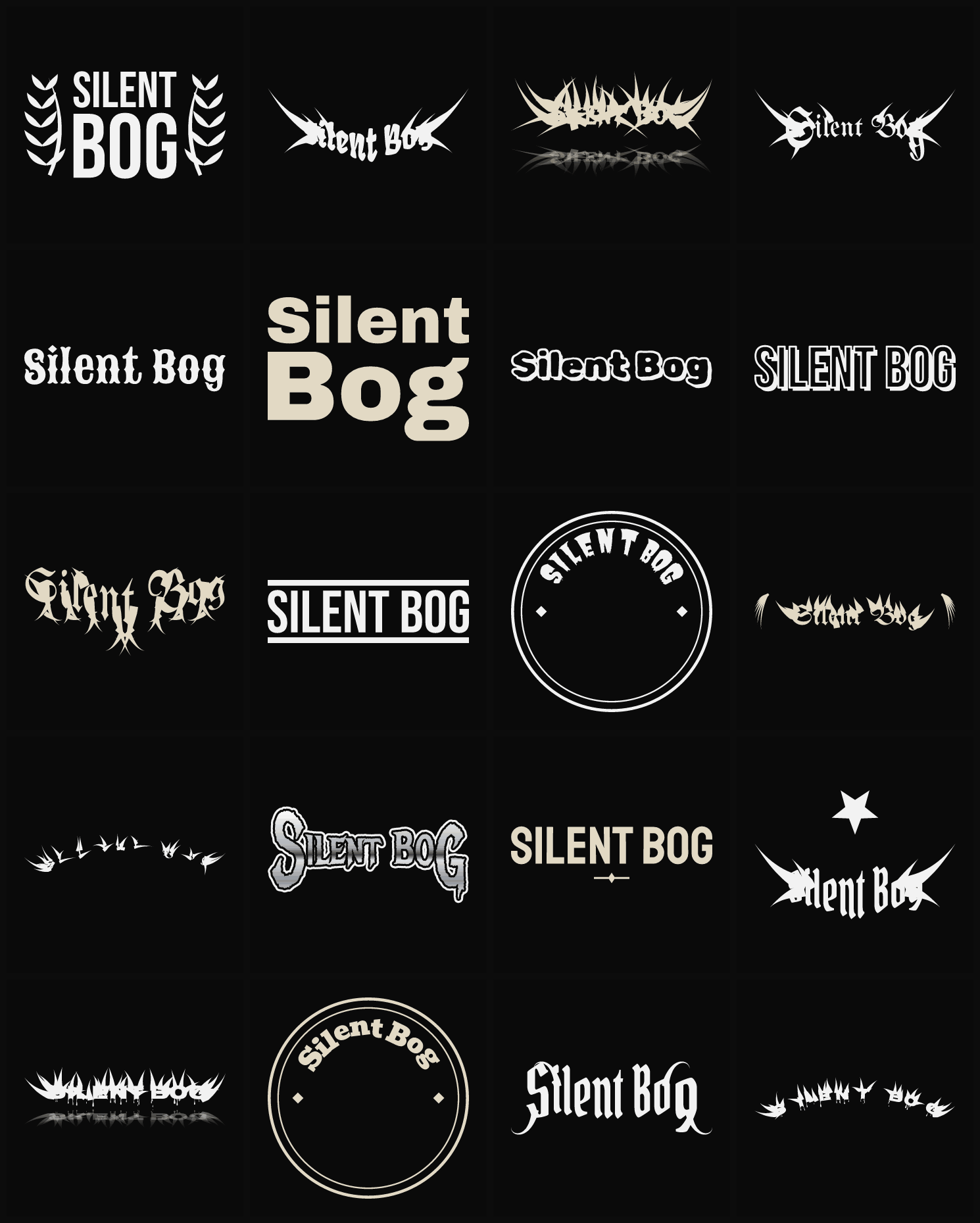 Twenty Silent Bog band logo ideas — different faces, treatments and spike settings