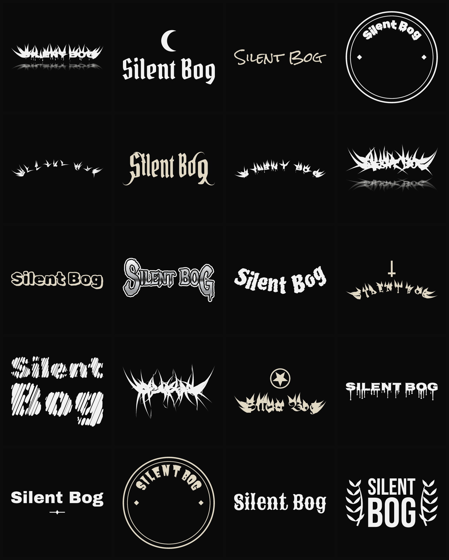 Twenty Silent Bog band logo ideas — different faces, treatments and spike settings