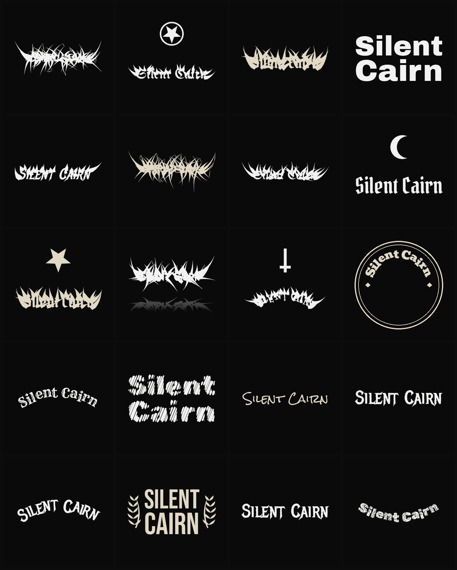 Twenty Silent Cairn band logo ideas — different faces, treatments and spike settings