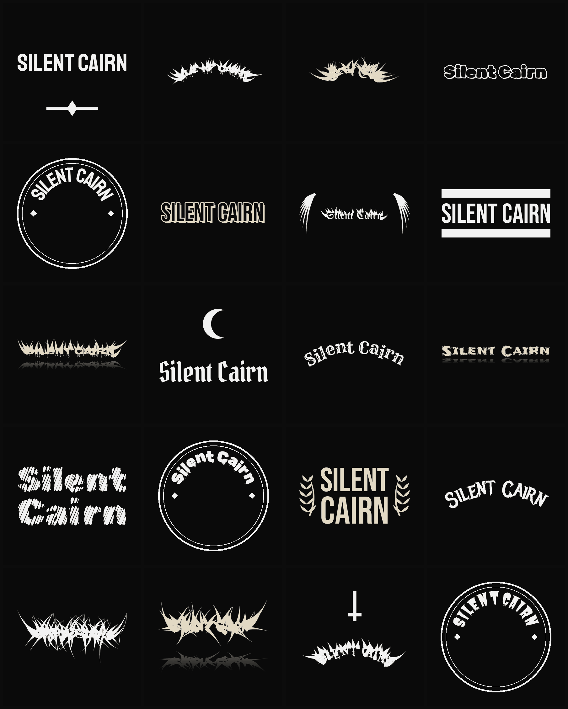 Twenty Silent Cairn band logo ideas — different faces, treatments and spike settings