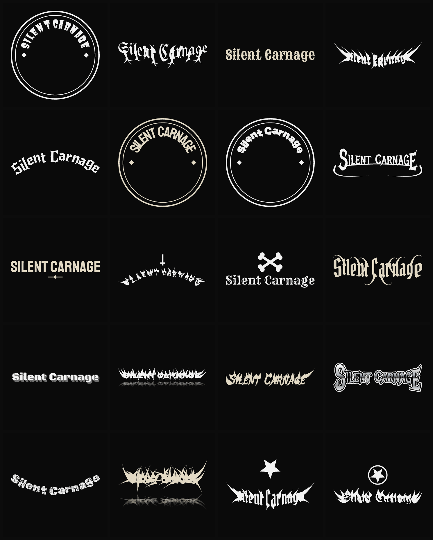 Twenty Silent Carnage band logo ideas — different faces, treatments and spike settings