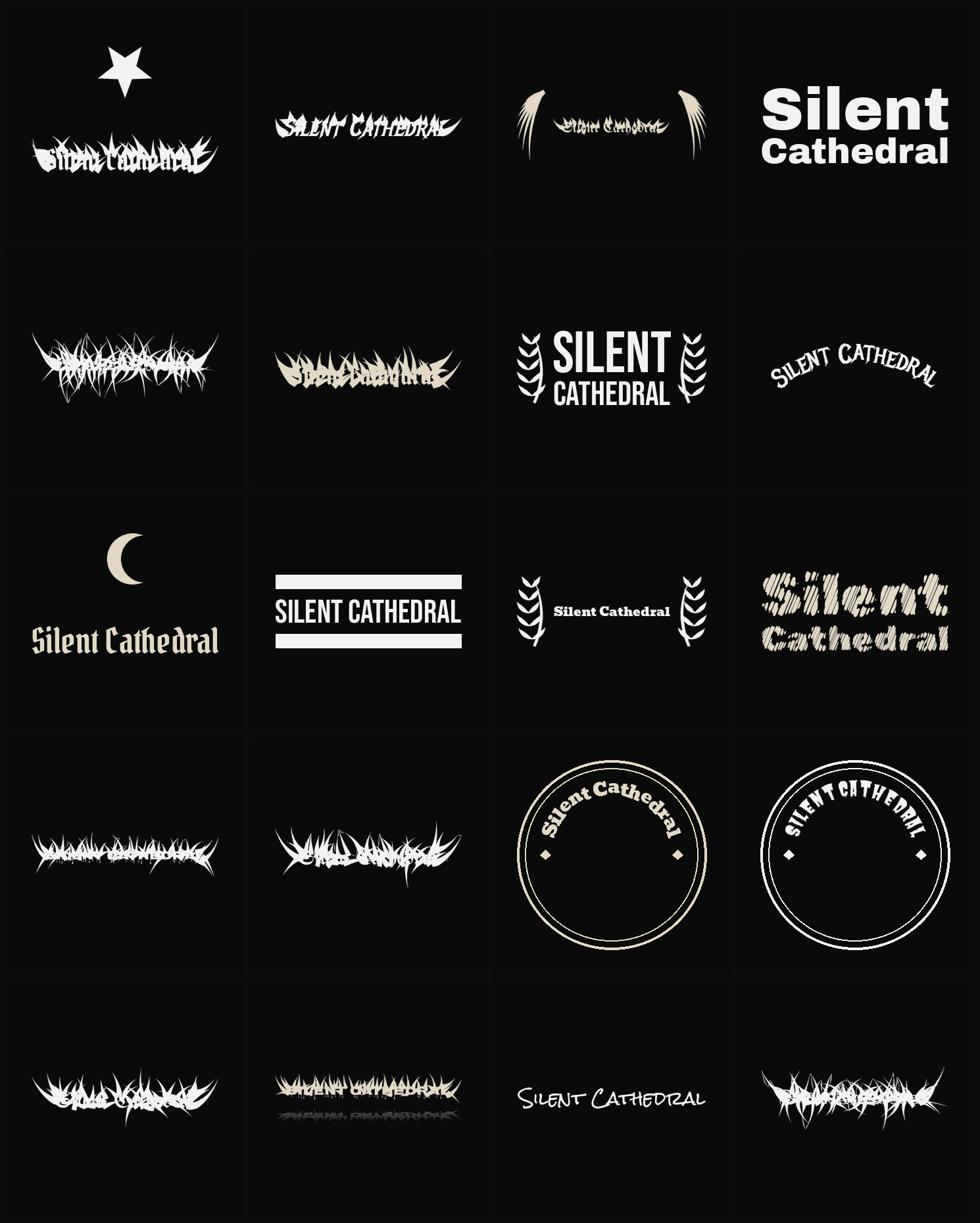 Twenty Silent Cathedral band logo ideas — different faces, treatments and spike settings