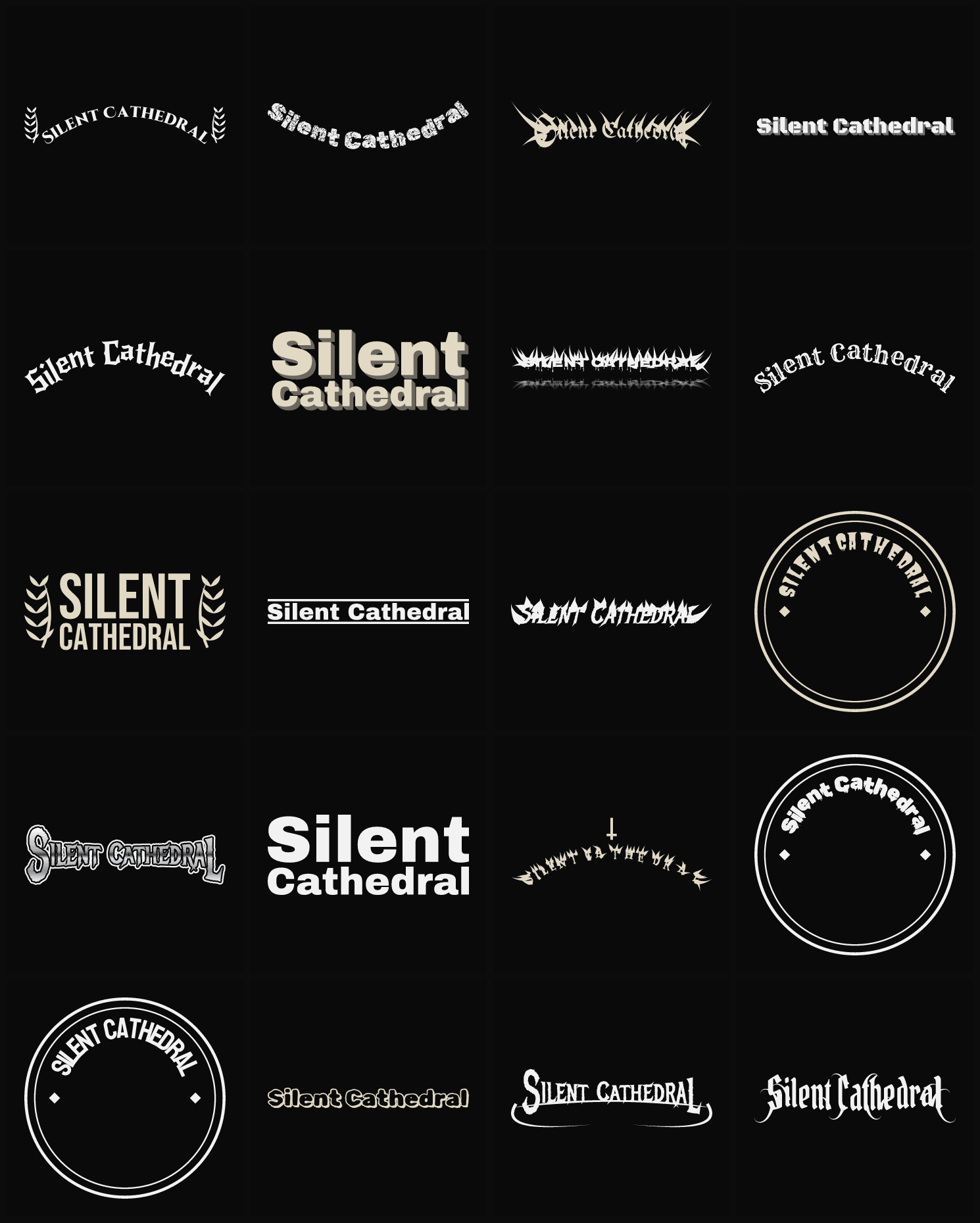 Twenty Silent Cathedral band logo ideas — different faces, treatments and spike settings