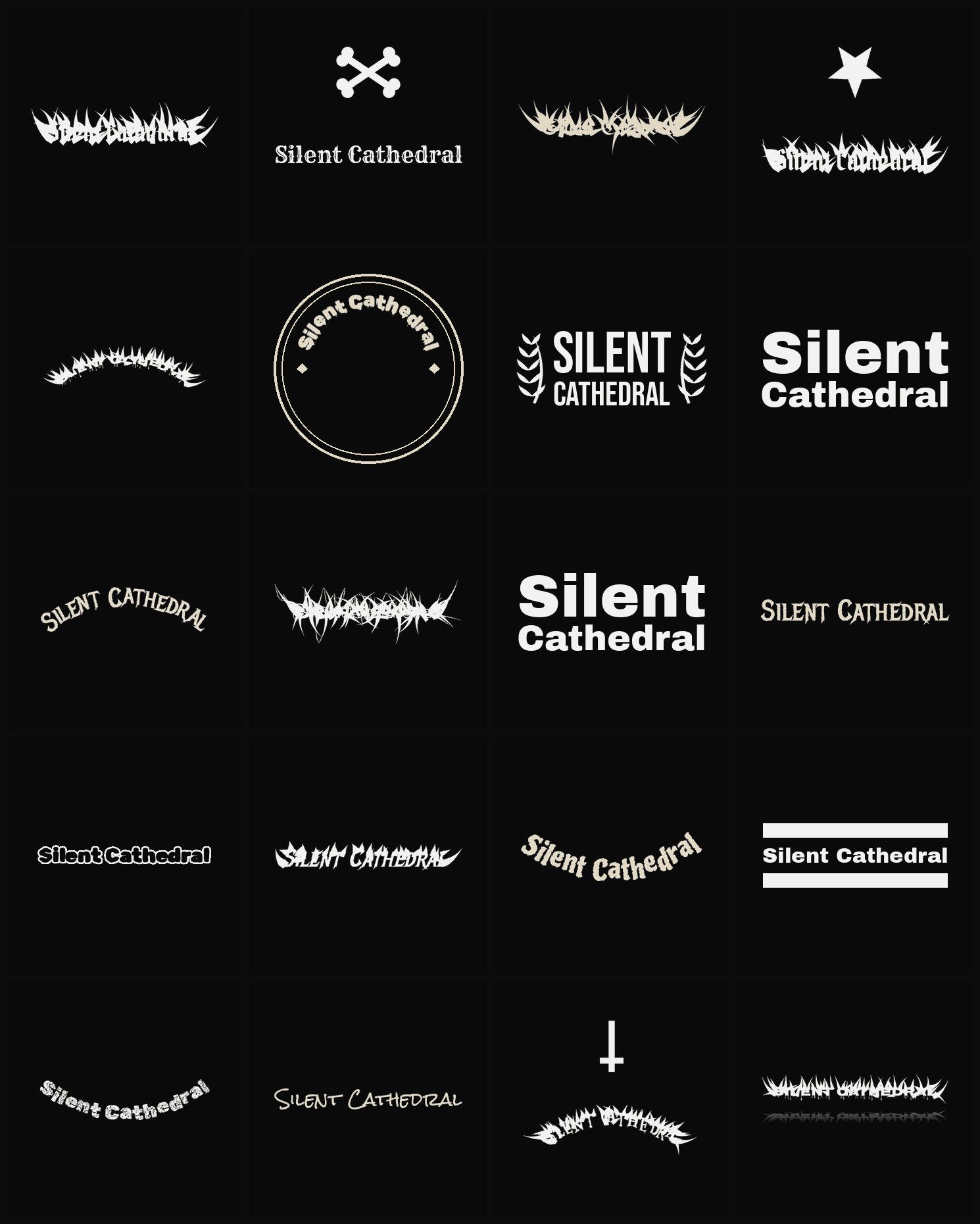 Twenty Silent Cathedral band logo ideas — different faces, treatments and spike settings