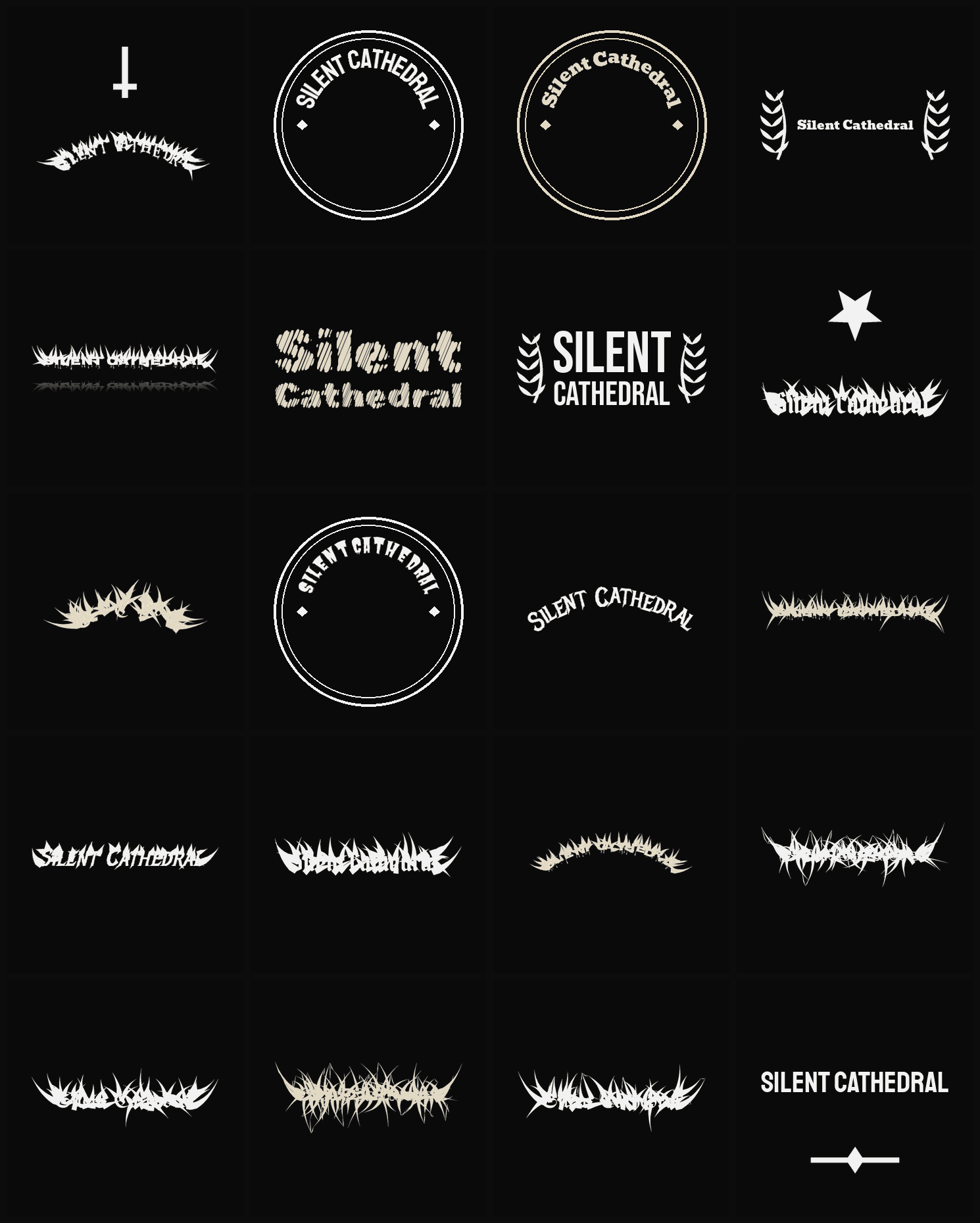 Twenty Silent Cathedral band logo ideas — different faces, treatments and spike settings