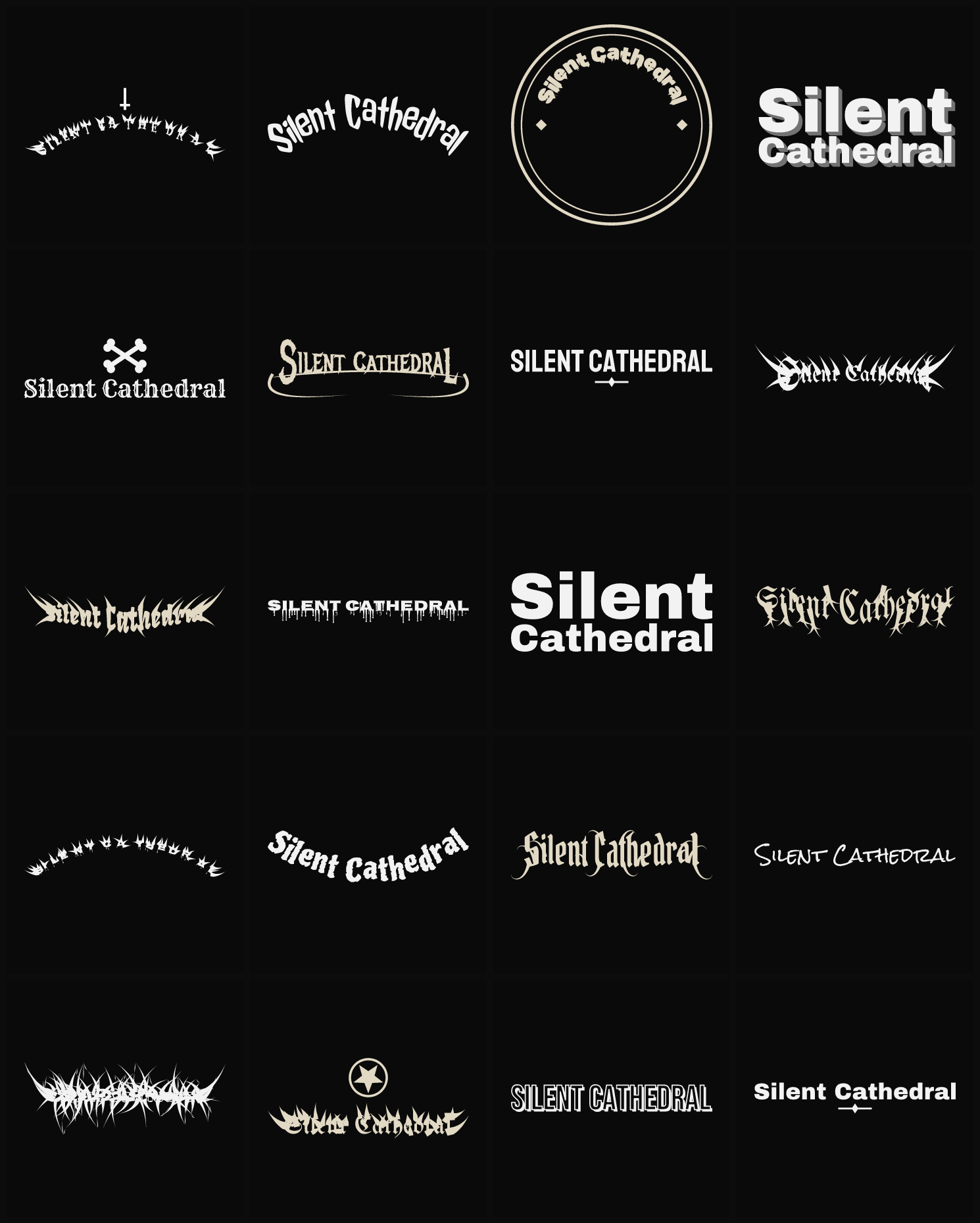 Twenty Silent Cathedral band logo ideas — different faces, treatments and spike settings
