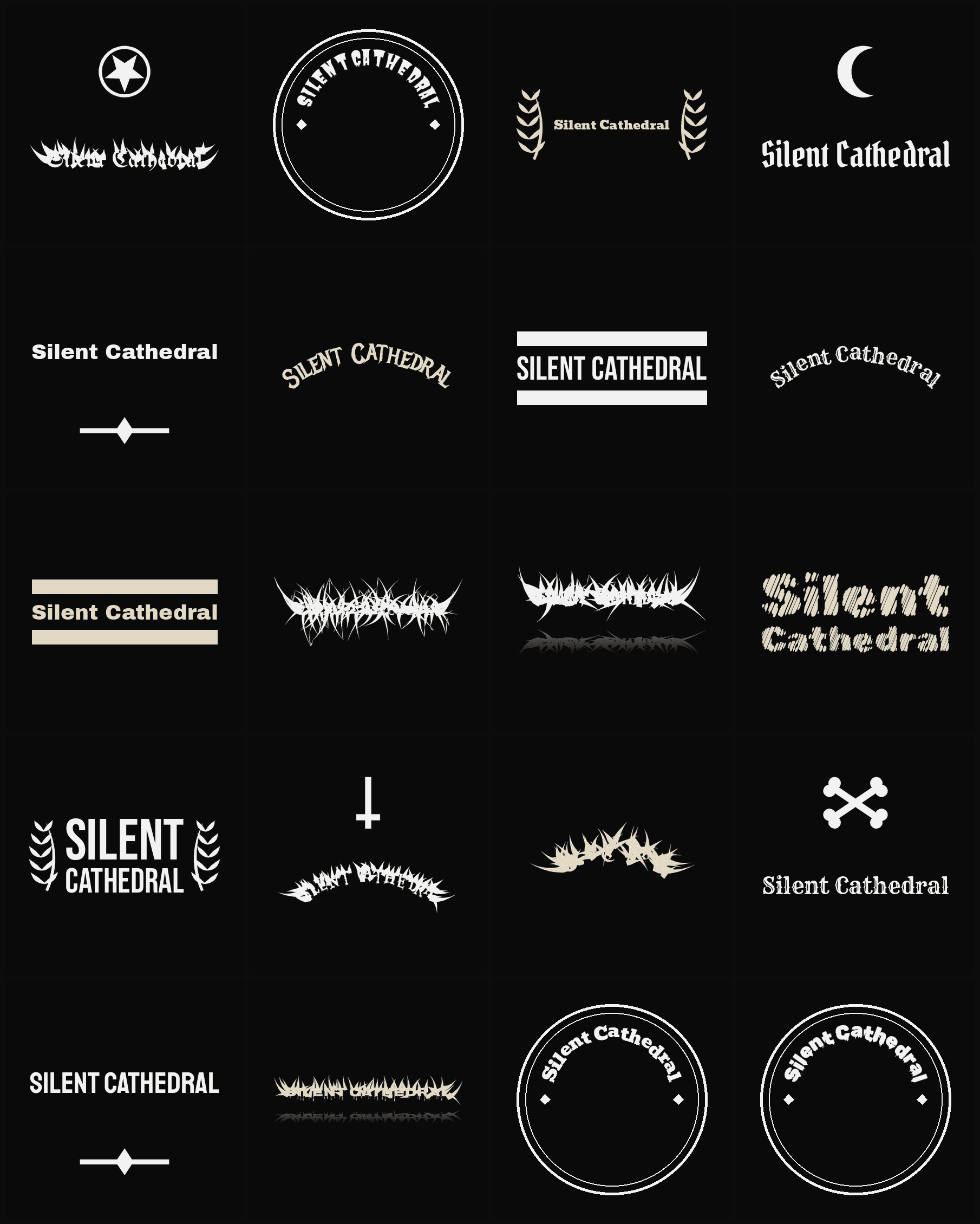 Twenty Silent Cathedral band logo ideas — different faces, treatments and spike settings