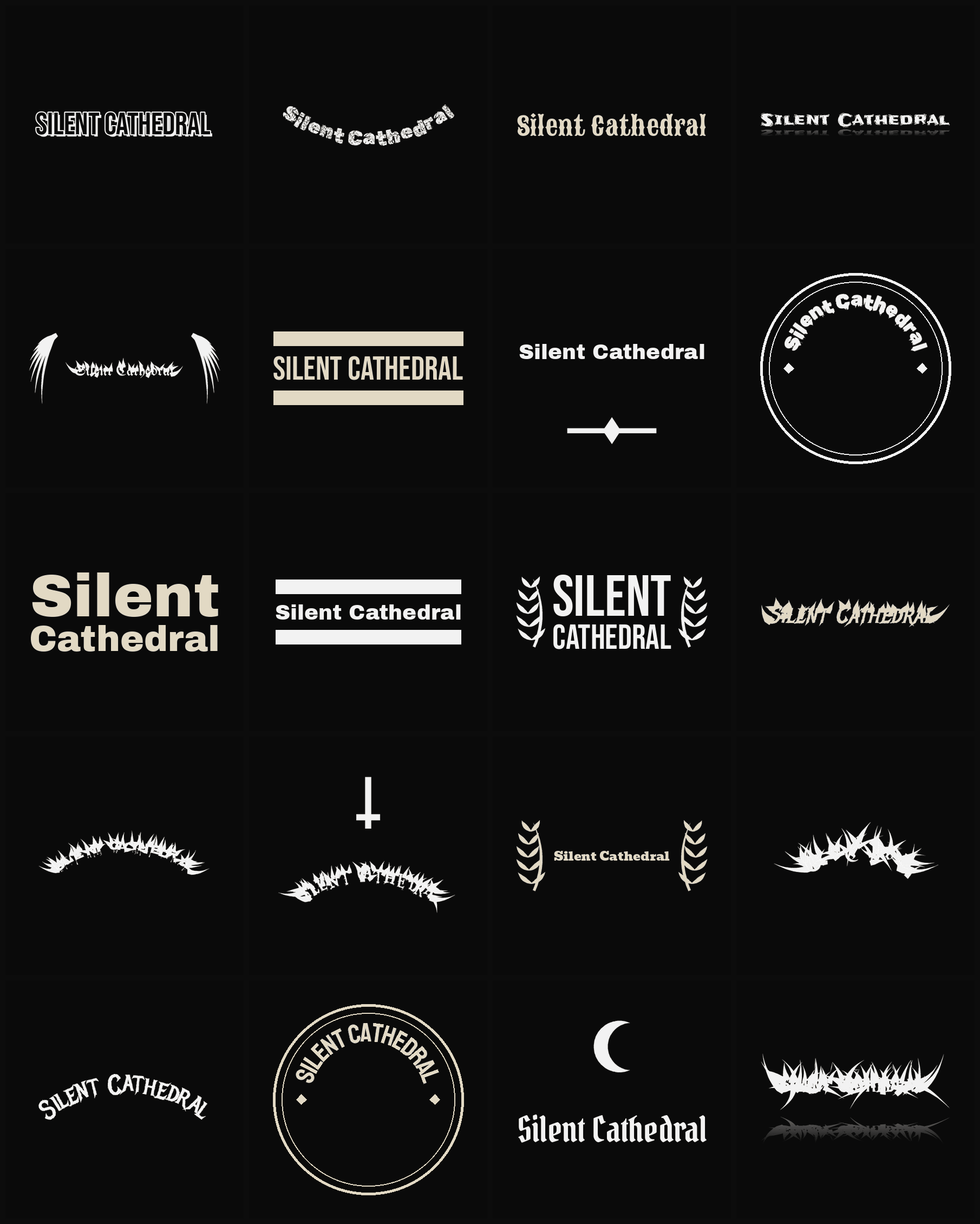 Twenty Silent Cathedral band logo ideas — different faces, treatments and spike settings