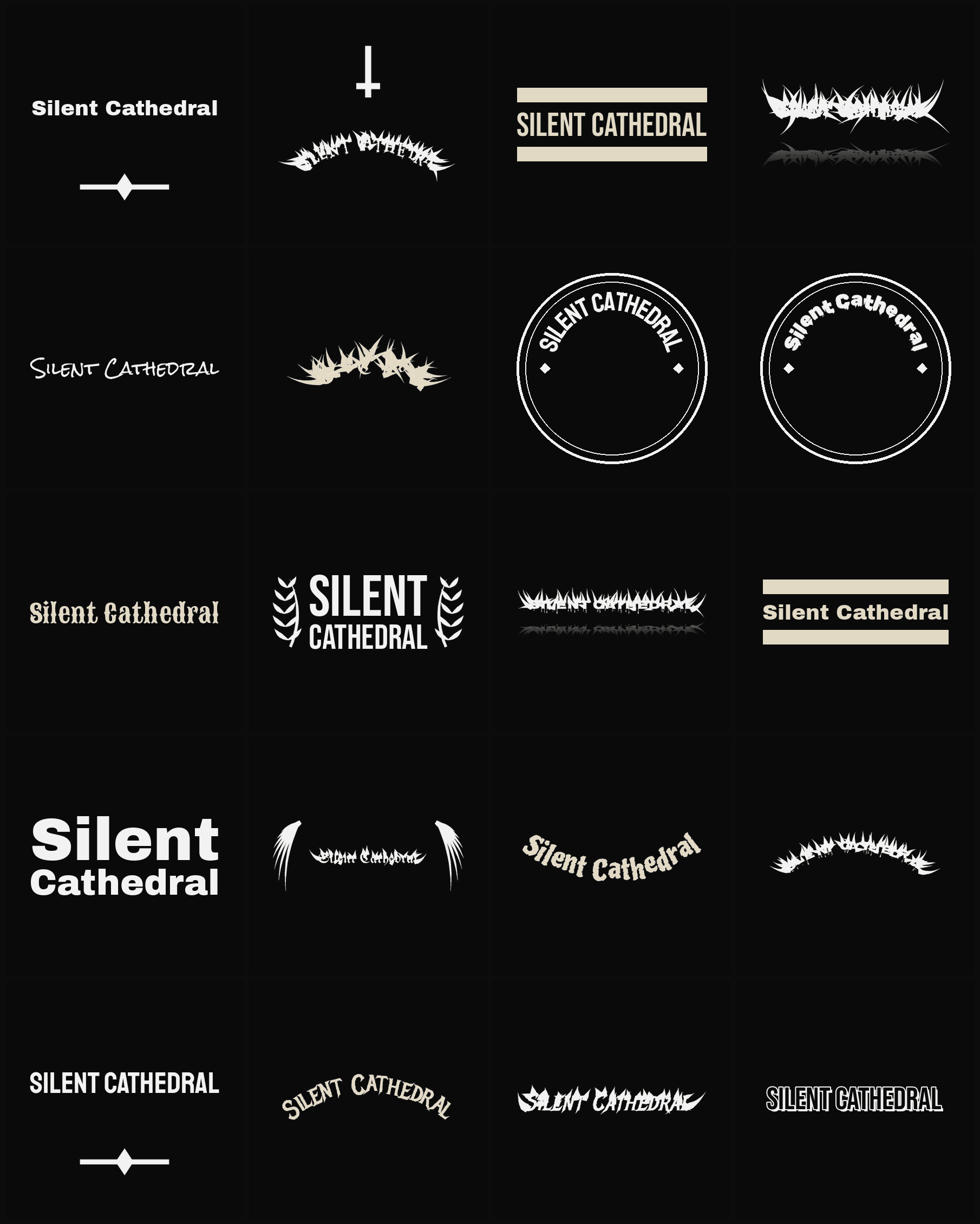 Twenty Silent Cathedral band logo ideas — different faces, treatments and spike settings