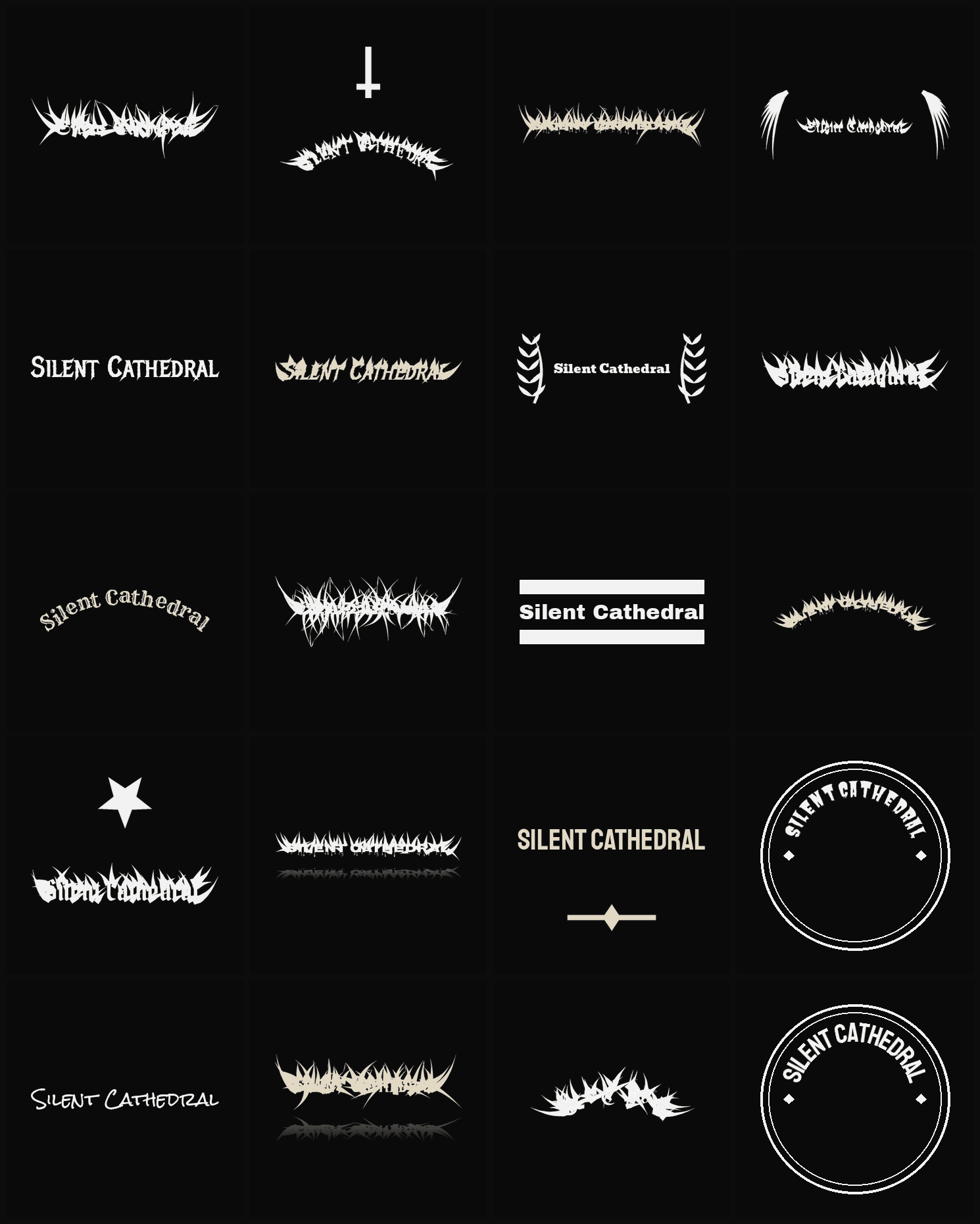 Twenty Silent Cathedral band logo ideas — different faces, treatments and spike settings