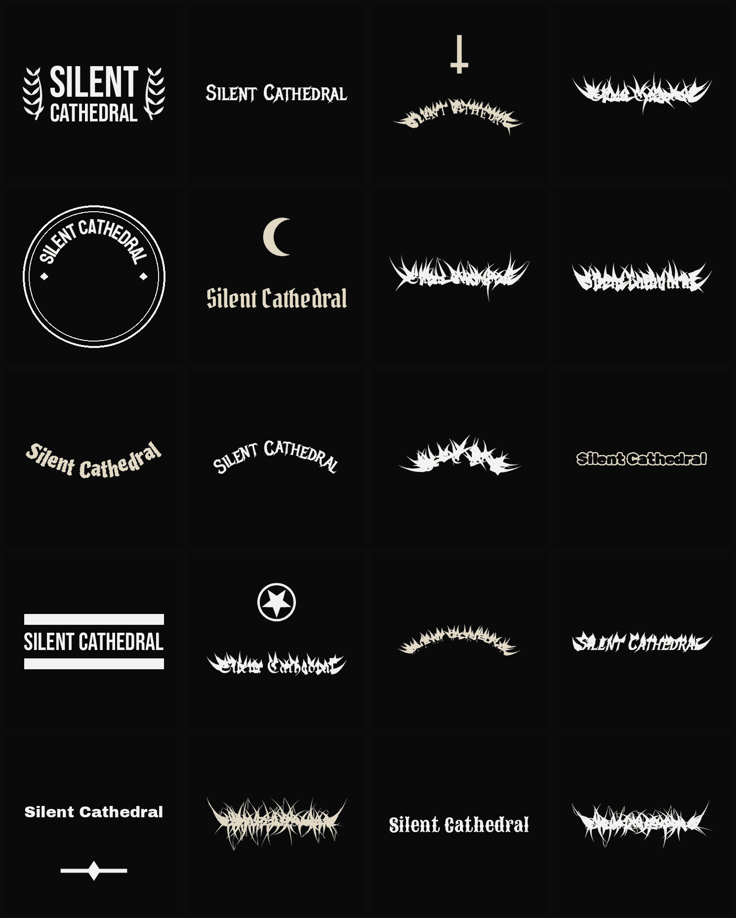 Twenty Silent Cathedral band logo ideas — different faces, treatments and spike settings