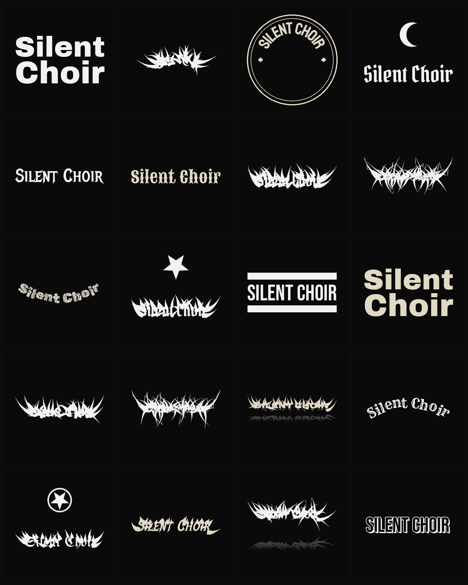 Twenty Silent Choir band logo ideas — different faces, treatments and spike settings