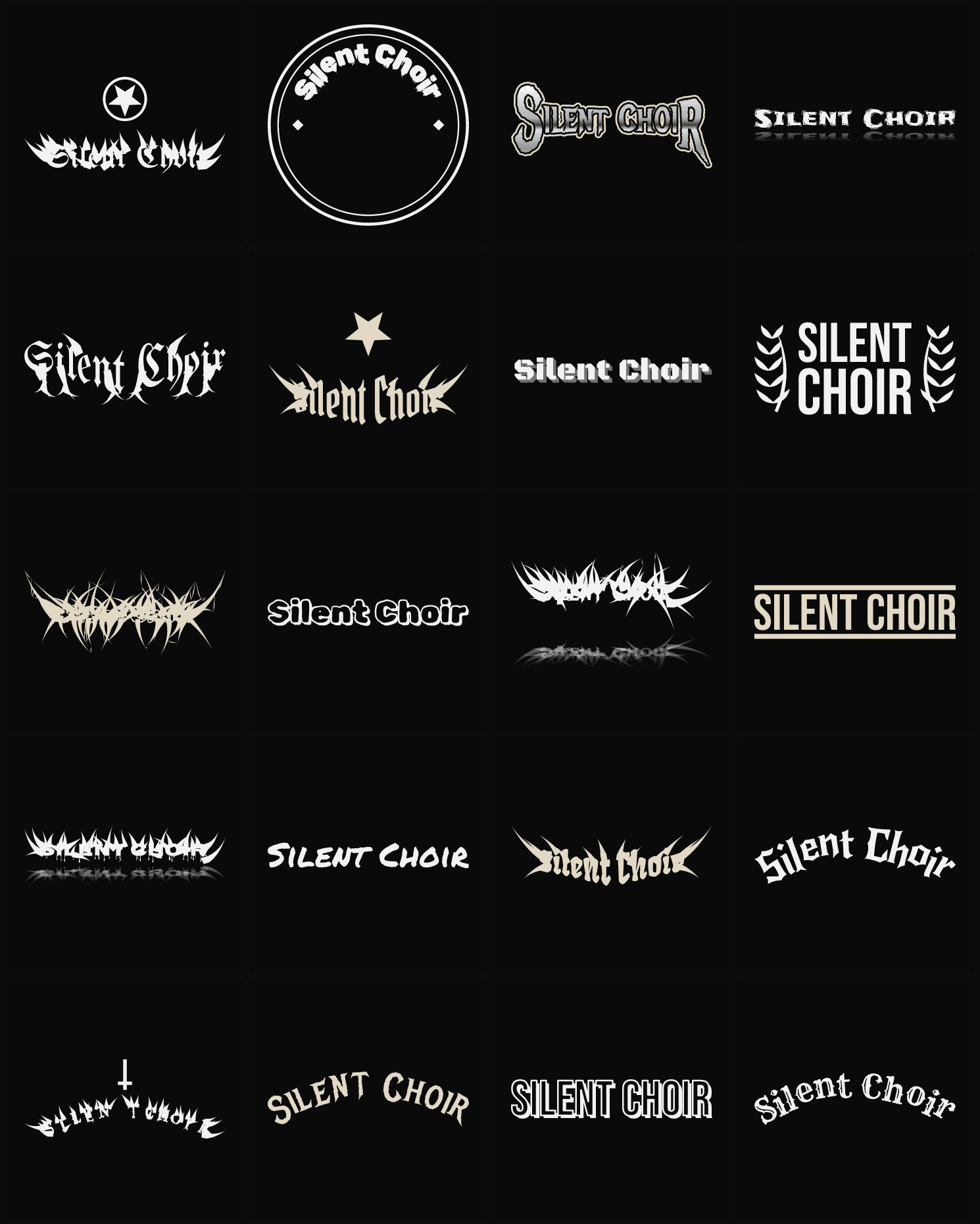 Twenty Silent Choir band logo ideas — different faces, treatments and spike settings