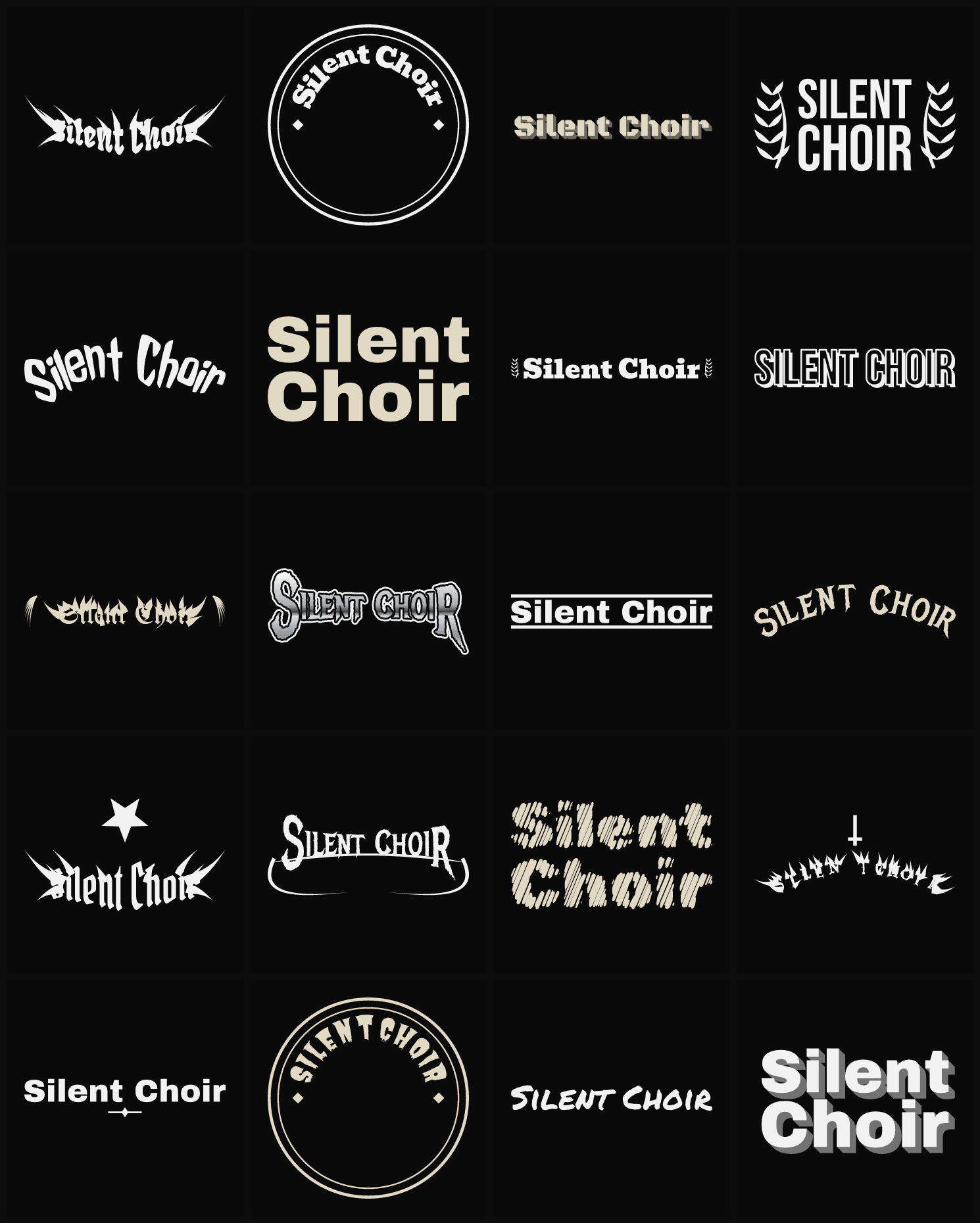 Twenty Silent Choir band logo ideas — different faces, treatments and spike settings