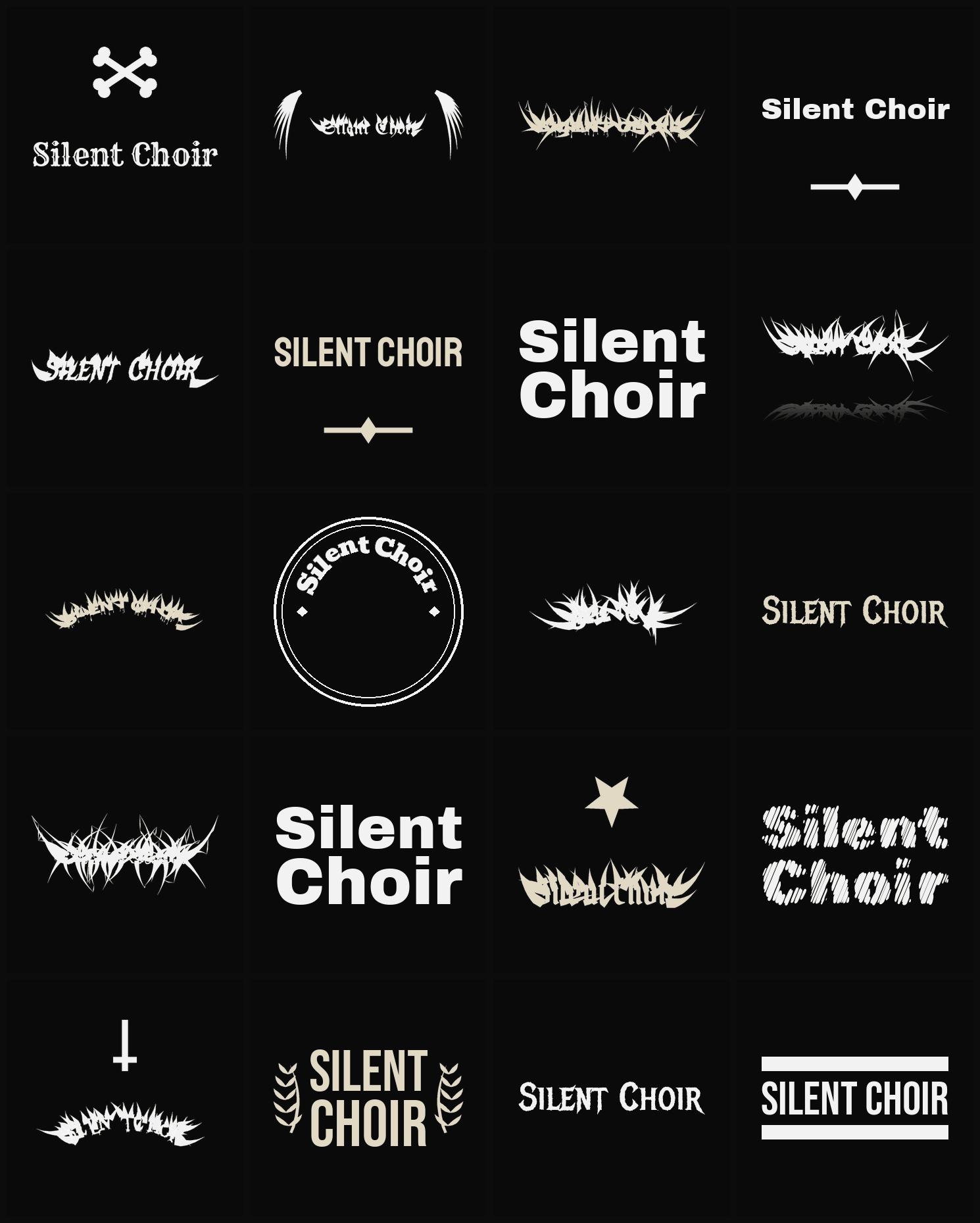 Twenty Silent Choir band logo ideas — different faces, treatments and spike settings
