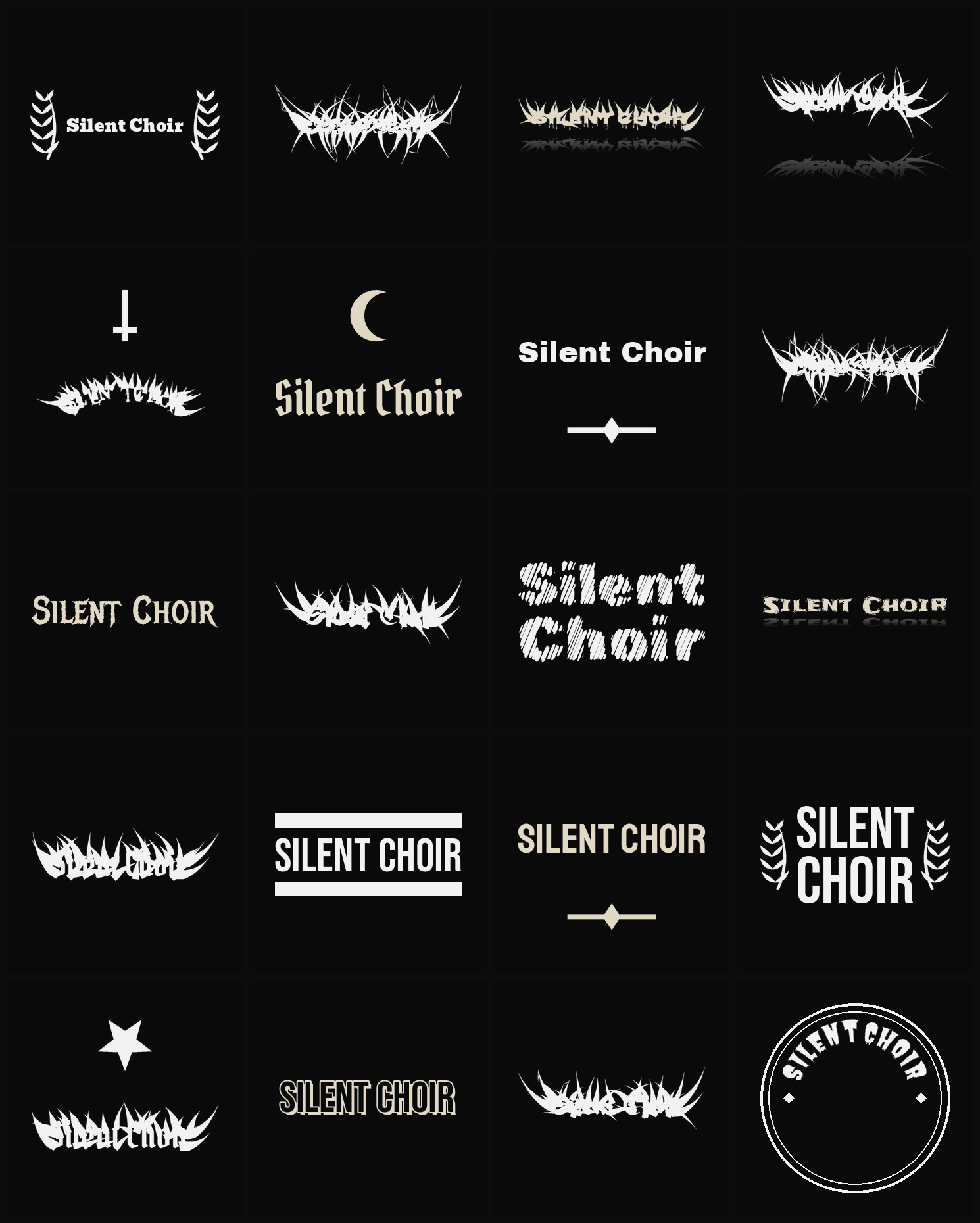 Twenty Silent Choir band logo ideas — different faces, treatments and spike settings