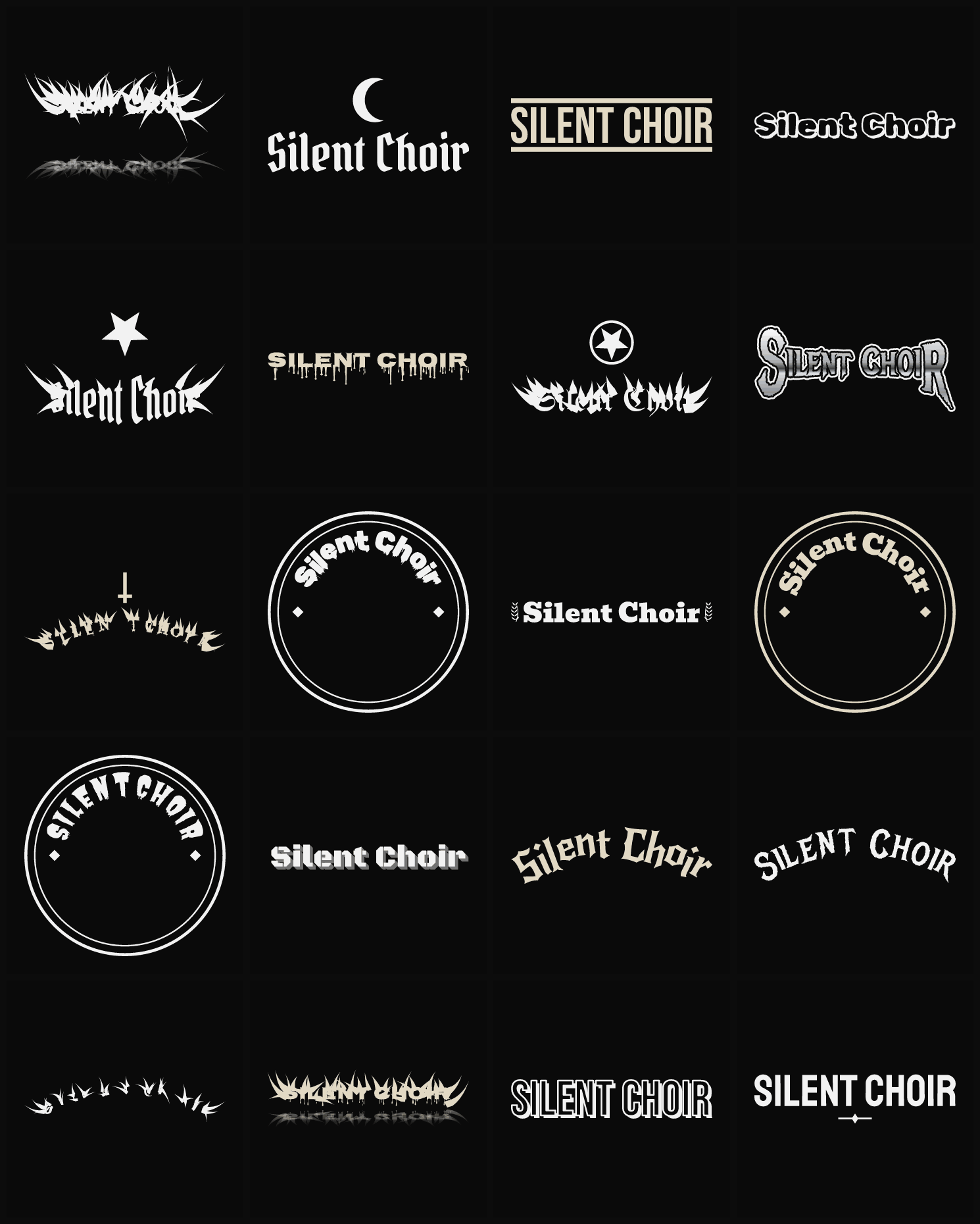 Twenty Silent Choir band logo ideas — different faces, treatments and spike settings