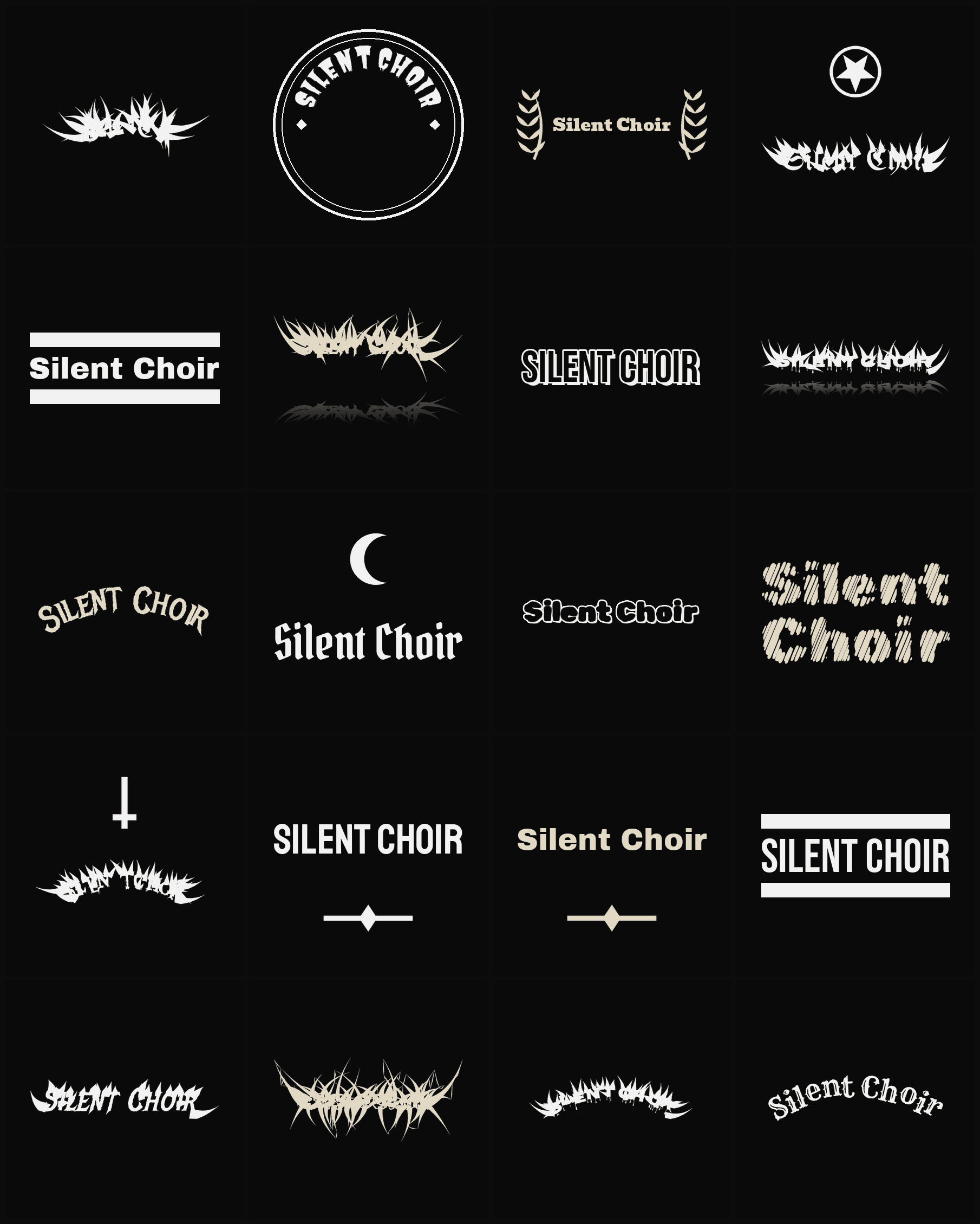 Twenty Silent Choir band logo ideas — different faces, treatments and spike settings