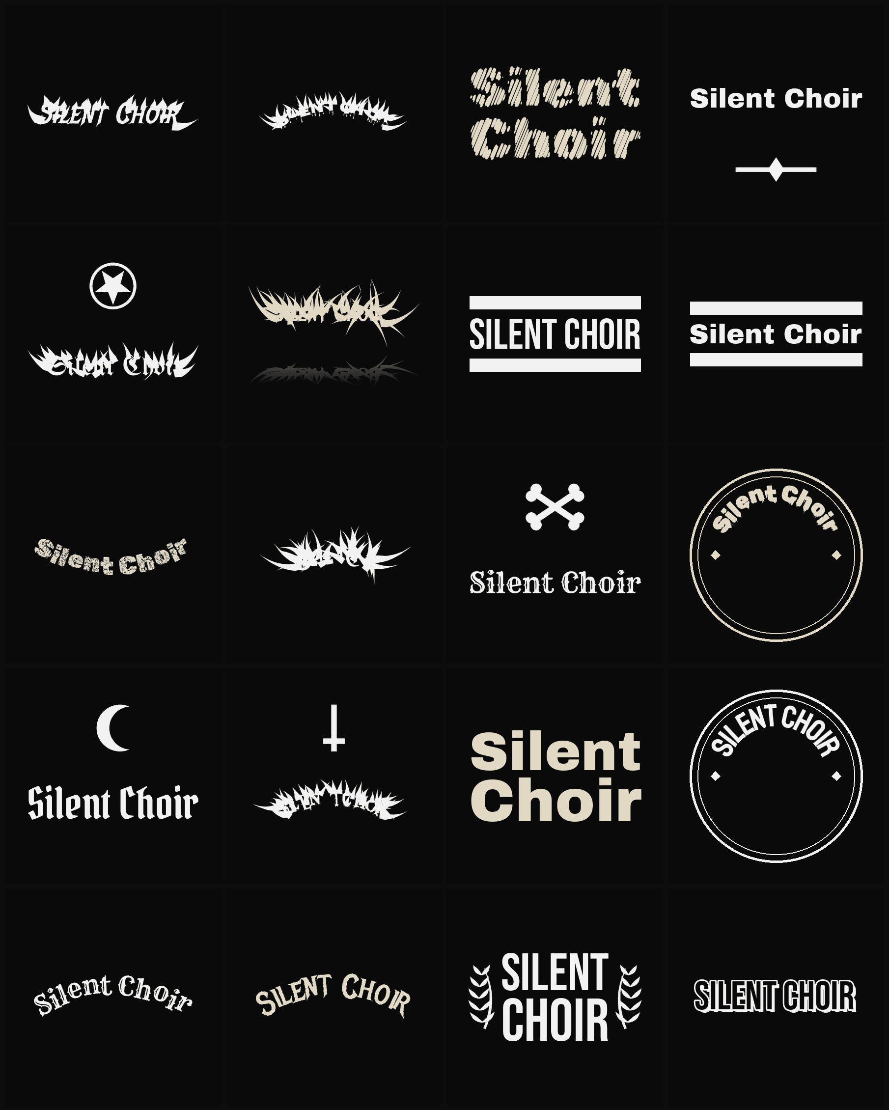 Twenty Silent Choir band logo ideas — different faces, treatments and spike settings