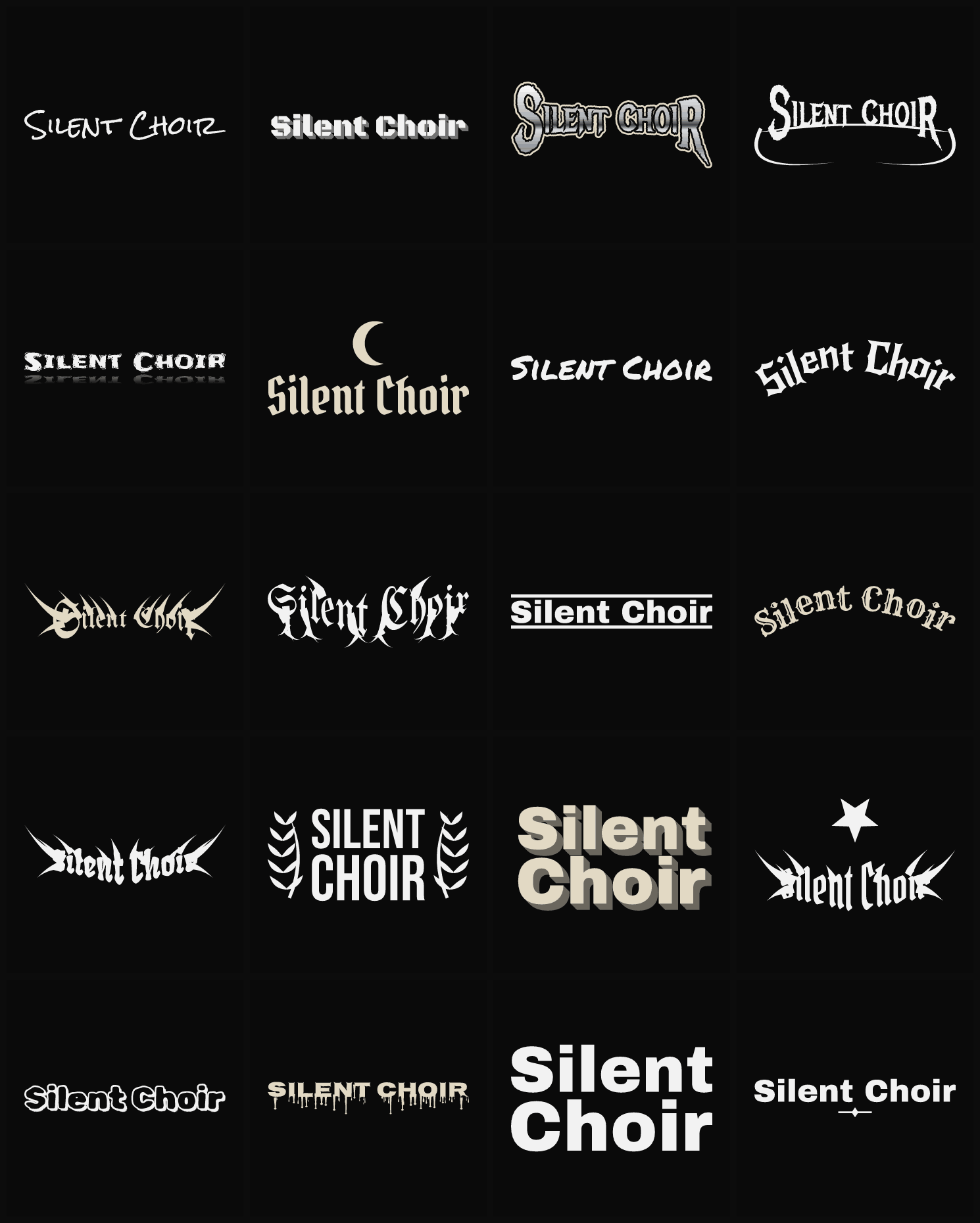 Twenty Silent Choir band logo ideas — different faces, treatments and spike settings