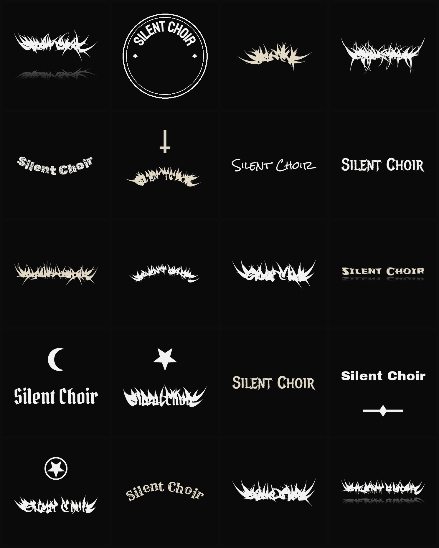 Twenty Silent Choir band logo ideas — different faces, treatments and spike settings
