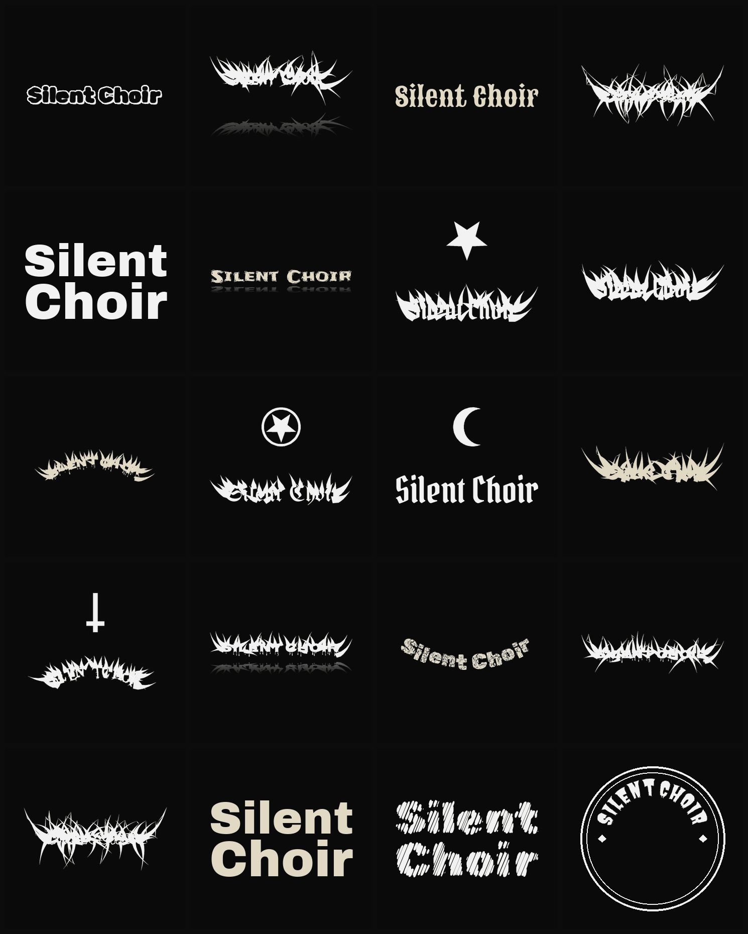 Twenty Silent Choir band logo ideas — different faces, treatments and spike settings