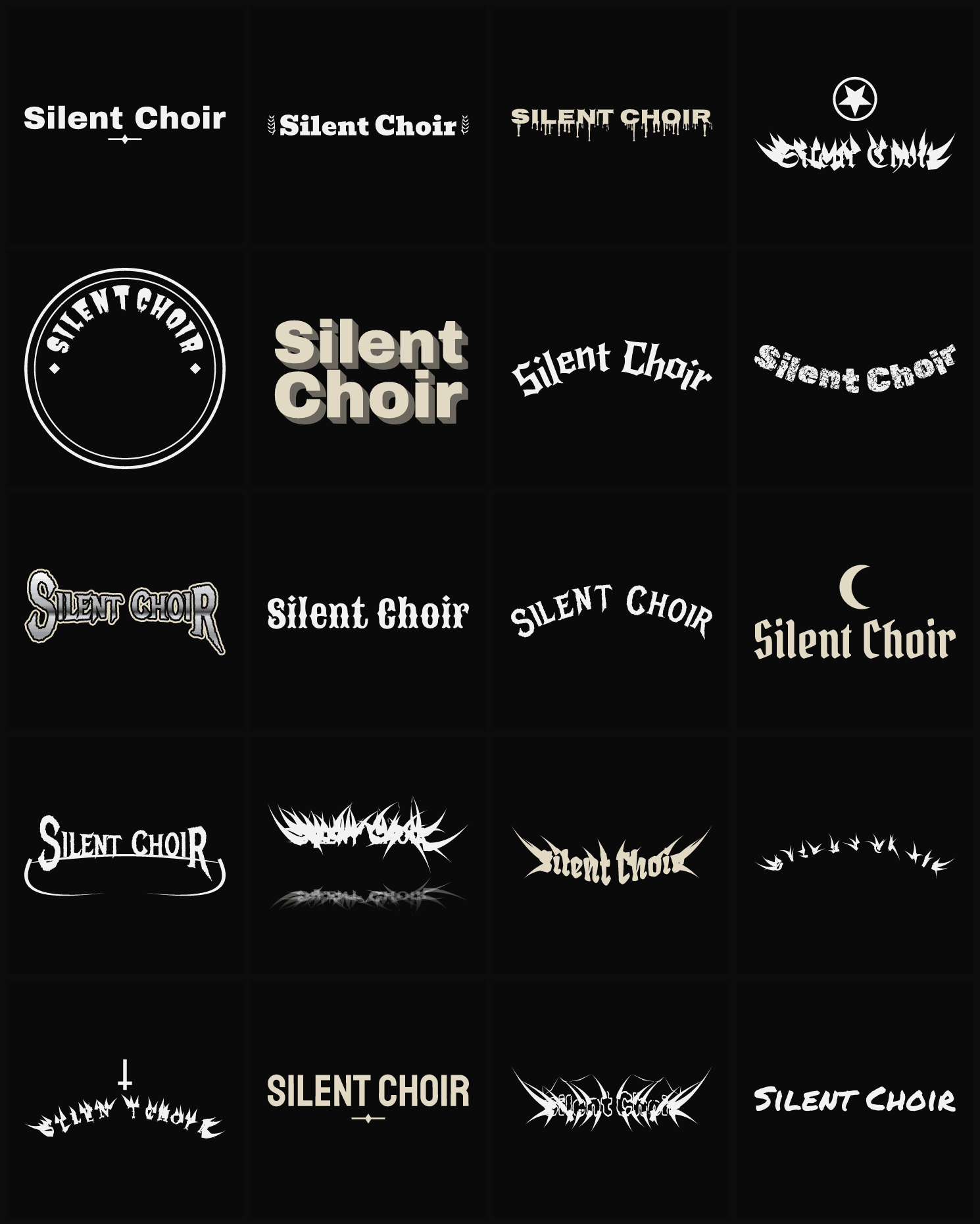 Twenty Silent Choir band logo ideas — different faces, treatments and spike settings