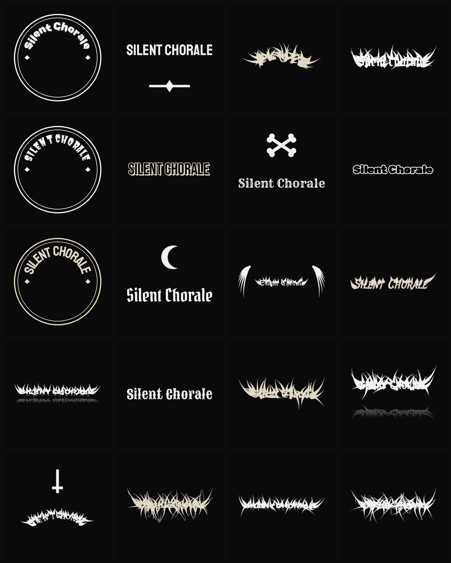 Twenty Silent Chorale band logo ideas — different faces, treatments and spike settings