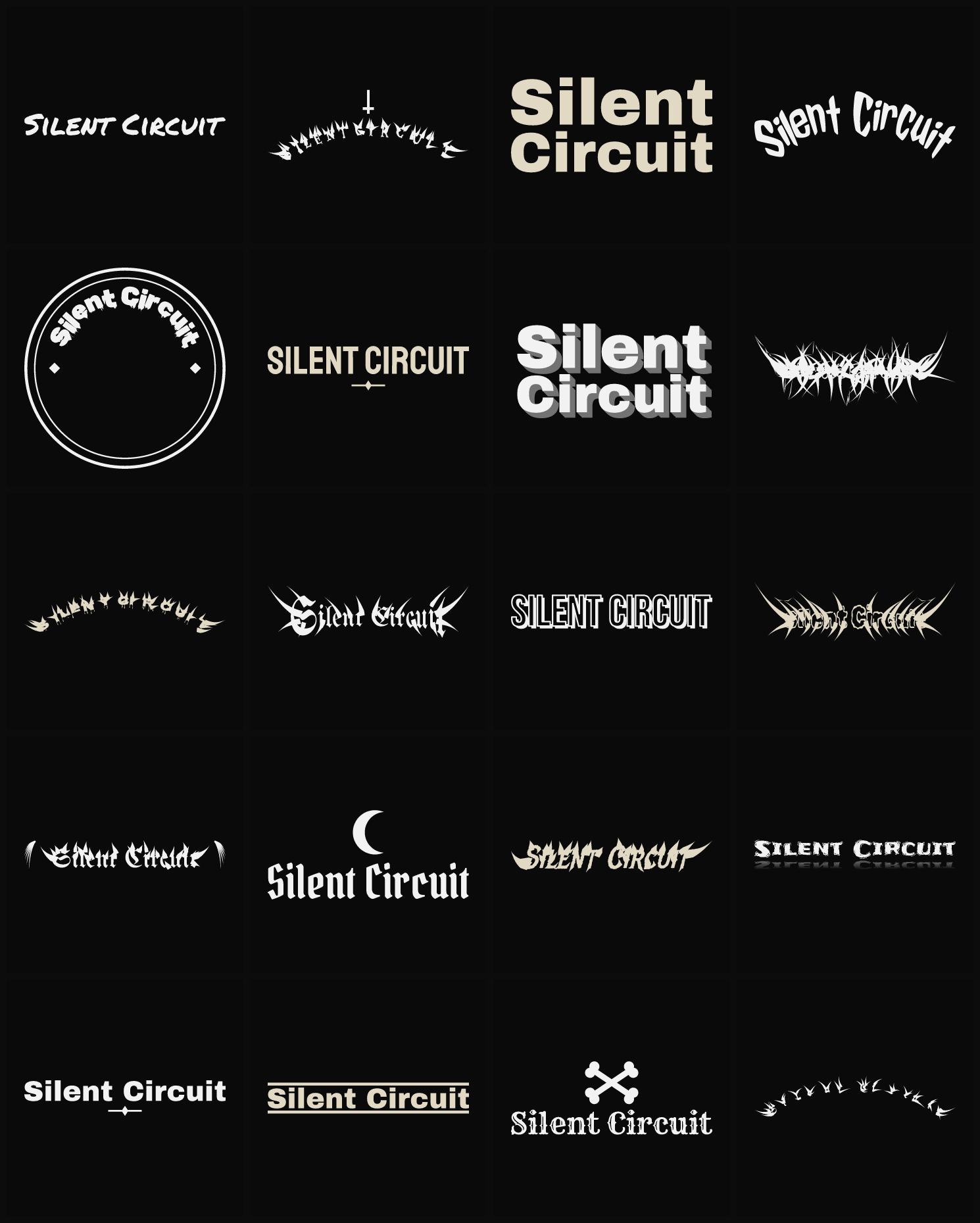 Twenty Silent Circuit band logo ideas — different faces, treatments and spike settings