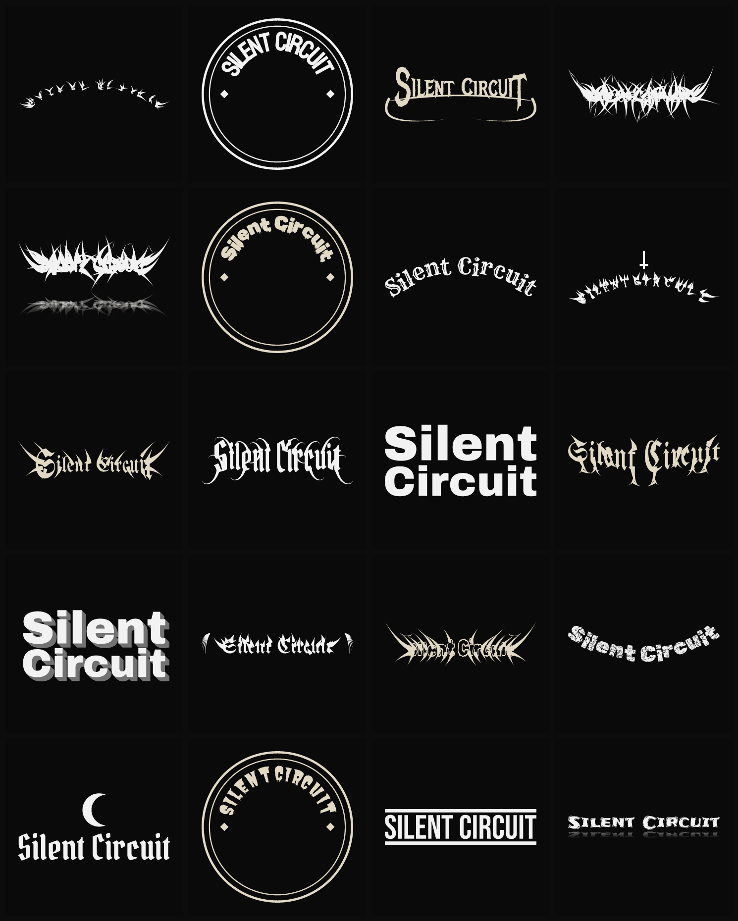 Twenty Silent Circuit band logo ideas — different faces, treatments and spike settings
